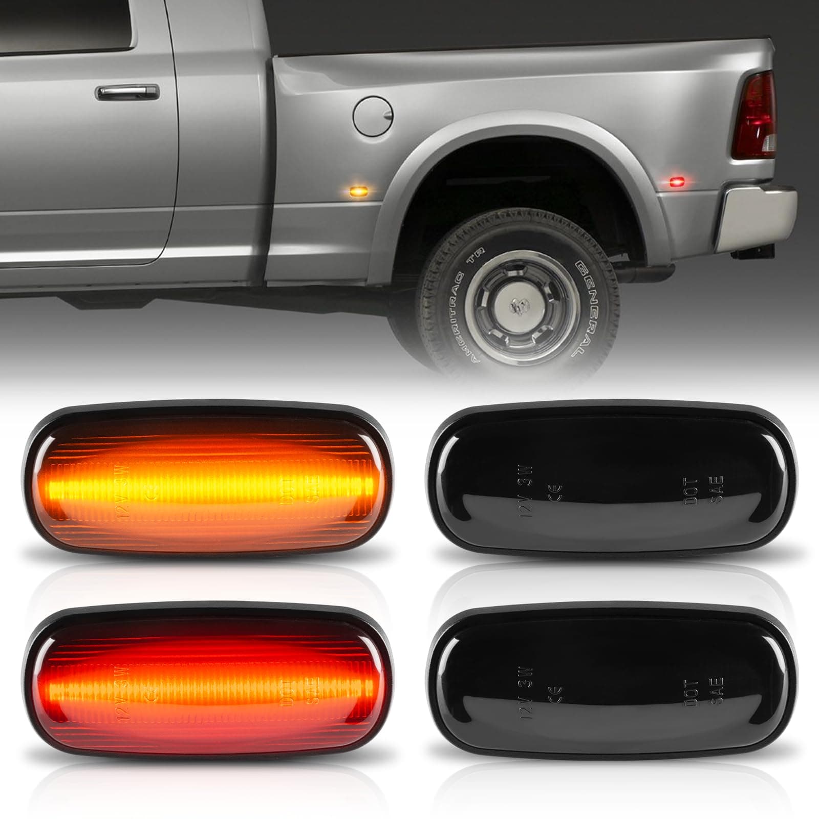 Gempro LED Dually Fender Side Marker Lights for 2003-2009 Dodge Ram 2500 3500 Amber Red Dual Rear Wheel Bed Marker Lamps, Smoked Len 4PCS