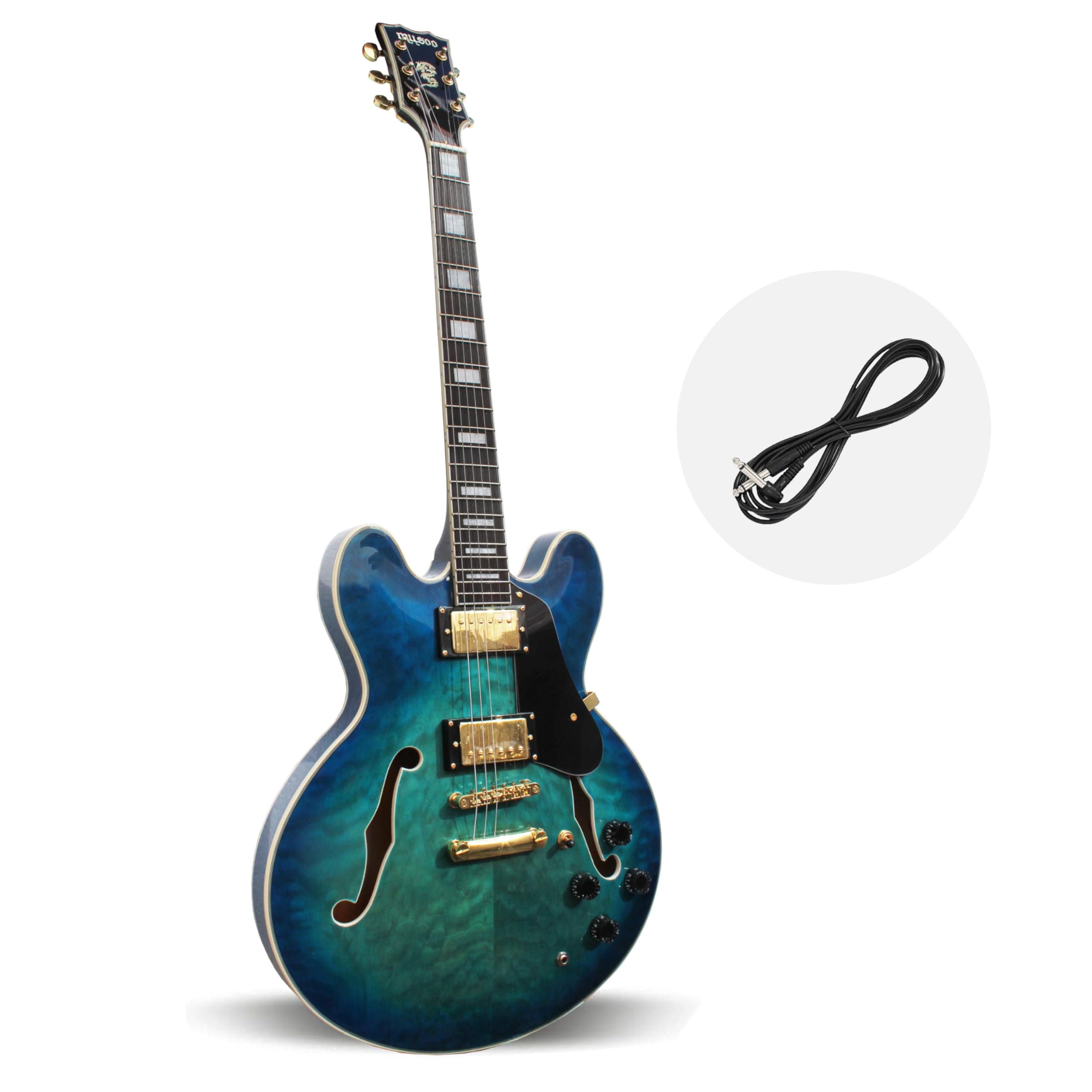 MUSOO Semi-hollow body electric jazz guitar, Mahogany with quilted maple veneer body, Maple neck, Ebony fingerboard