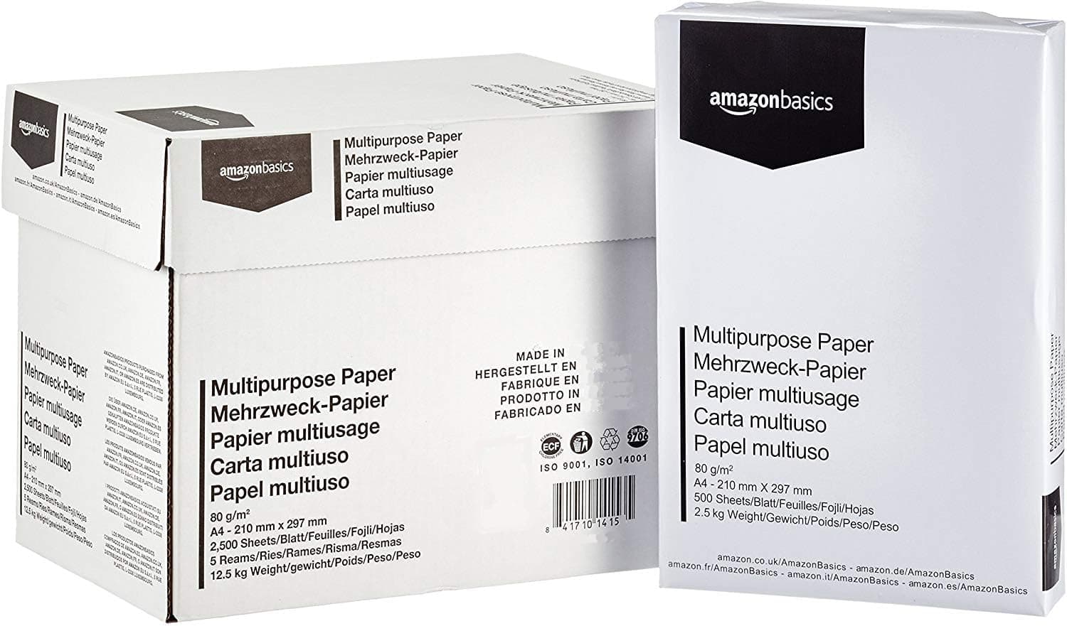 Amazon Basics Multi-Purpose Copy Printer Paper, A4 80 GSM, 2500 Count (Pack of 5), White