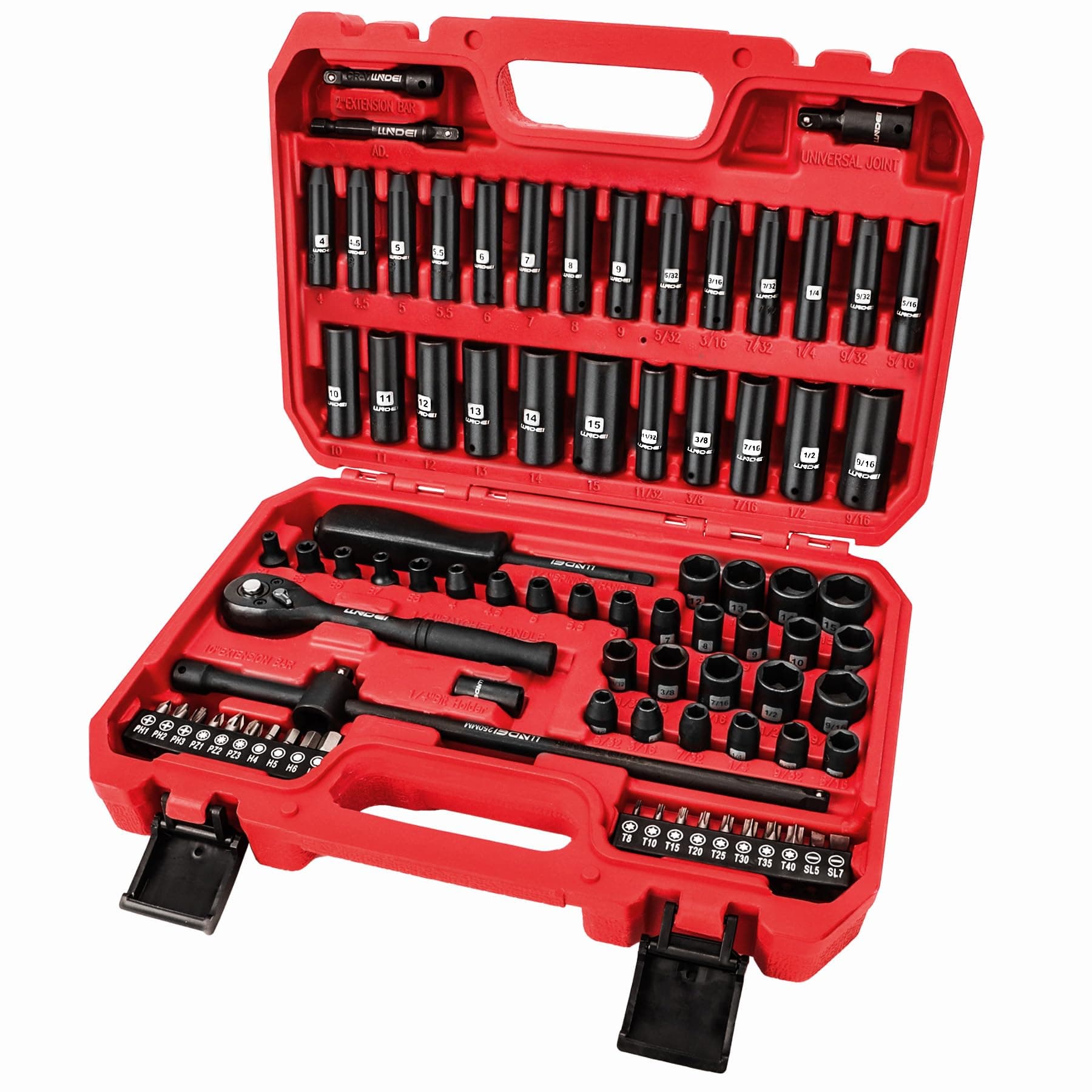 1/4 inch Drive Impact Socket Set 83 Piece,Standard SAE(5/32-9/16 inch) Metric Size(4-15mm),72T Ratchet Wrench Handle,CR-V Mechanics Tool Set with Adapter,Screwdriver Bits for Automotive Repair