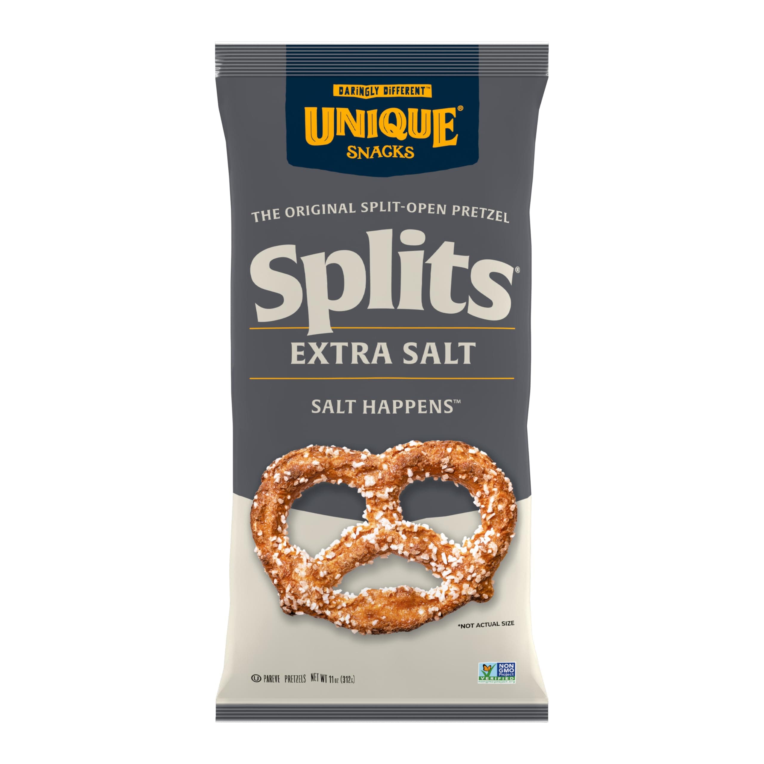 Extra Salt Splits Pretzels, Original Split-Open Pretzels, Delicious Homestyle Baked Snack Bag, OU Kosher, and Non-GMO Food, No Artificial Flavor, 11 Oz Bag, Pack of 6