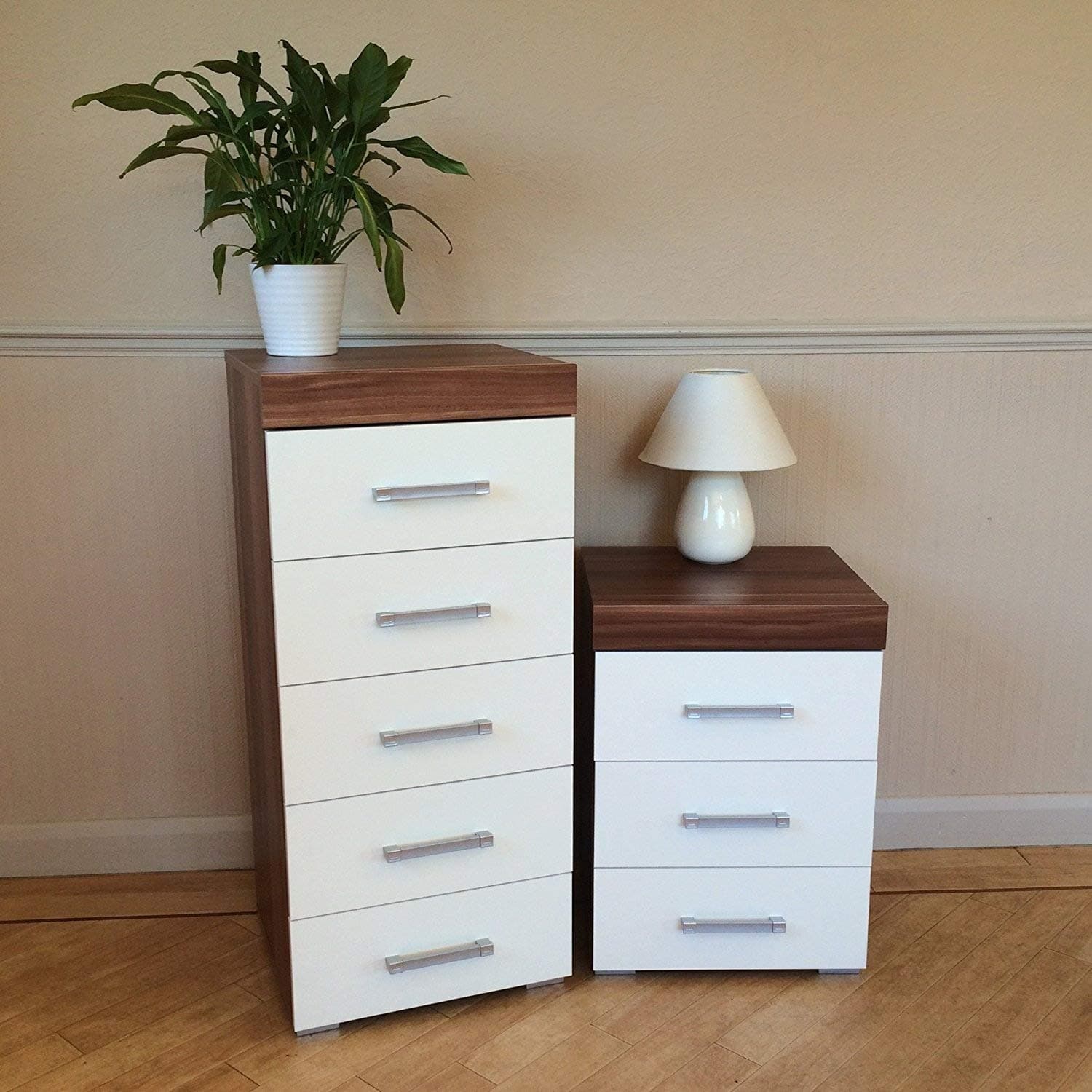 DRP Trading White & Walnut 2 Piece Bedroom Furniture Set, 3 Drawers Chest, 5 TallBoy Drawers Chest, Ample Storage, Elegant Décor, Ideal for Bedroom Organisation, Quality Bedroom Set