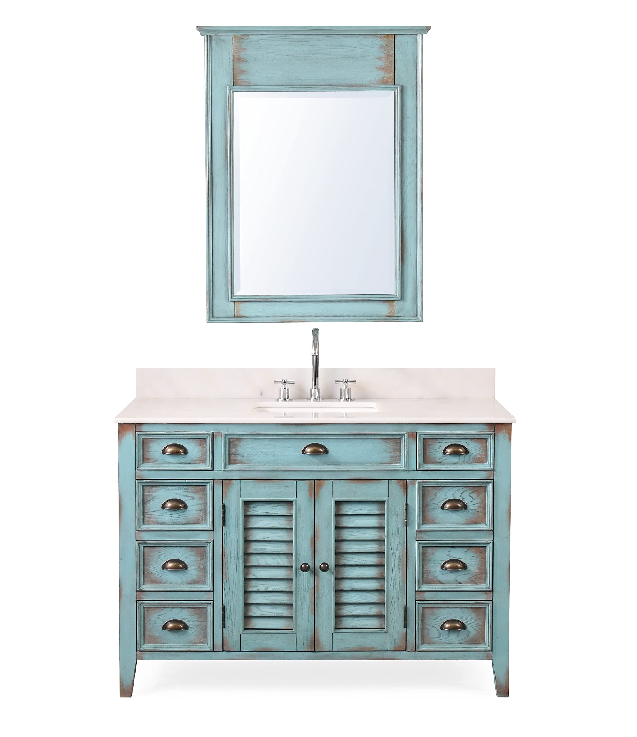 46 Inch Abbeville Cottage Plantation Style Bathroom Vanity with White Marble Stone Top, Matching Mirror, Distressed Blue Finish, 4 Functional Drawers, Undermount Sink, Hardware Included