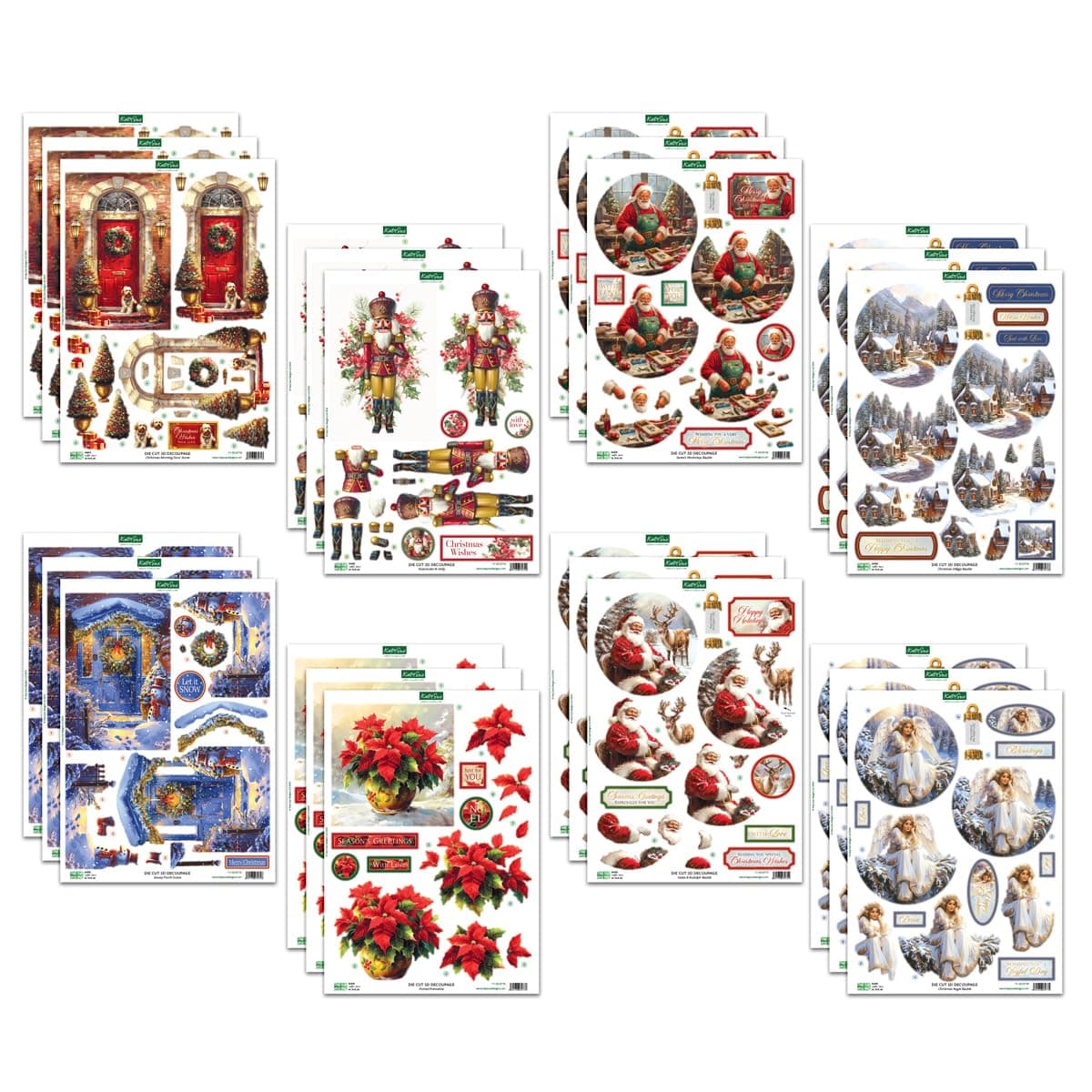 Katy Sue Joyful Christmas 3D Die-Cut Decoupage Pack. 24 Pre-Cut Festive Die Cut Decoupage Paper Sheets for Christmas Card Making Supplies Featuring 8 Different Designs