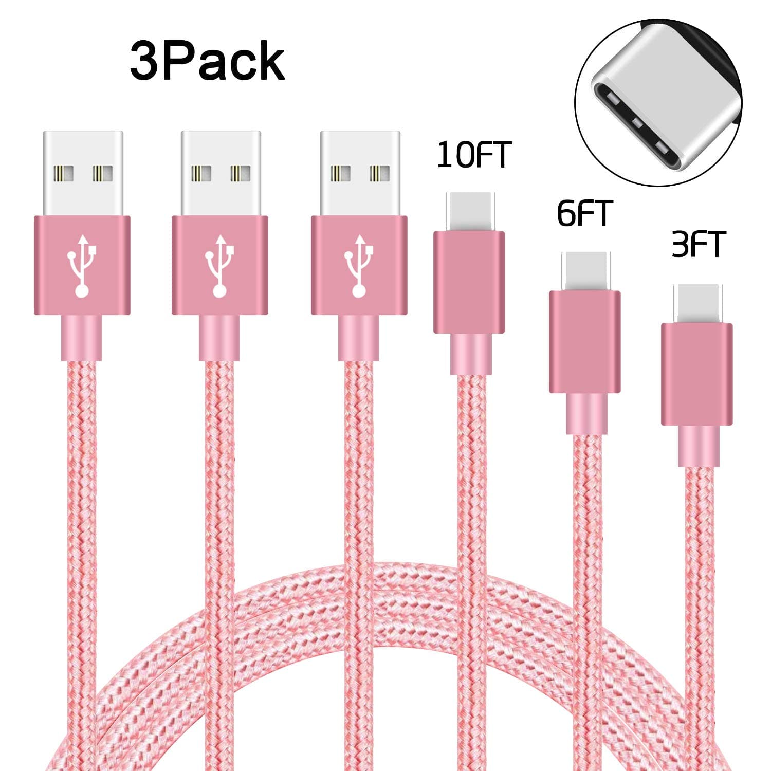 USB Type C Cable, VUV 3Pack 3FT 6FT 10FT Nylon Braided Fast Charger Cable Cord Compatible with Samsung Note 10,9,8, Galaxy S8, Apple New MacBook, Nexus 6P 5X, Google Pixel, LG G5 G6, Rose Gold