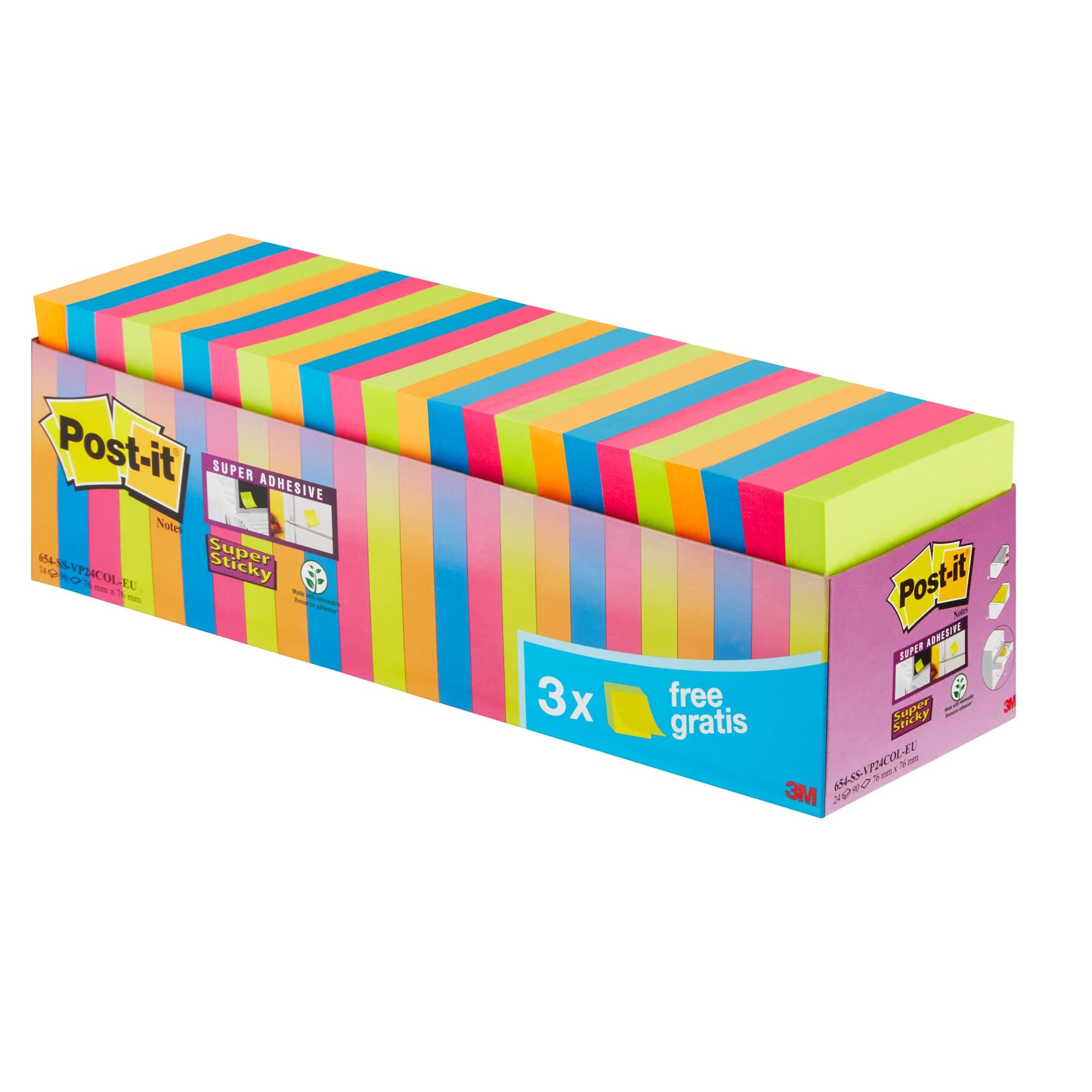 Post-it Post it Notes Super Sticky Notes Value Pack, 76 x 76 mm, Assorted Colours, Pack of 24 (90 Sheets Per Pad)
