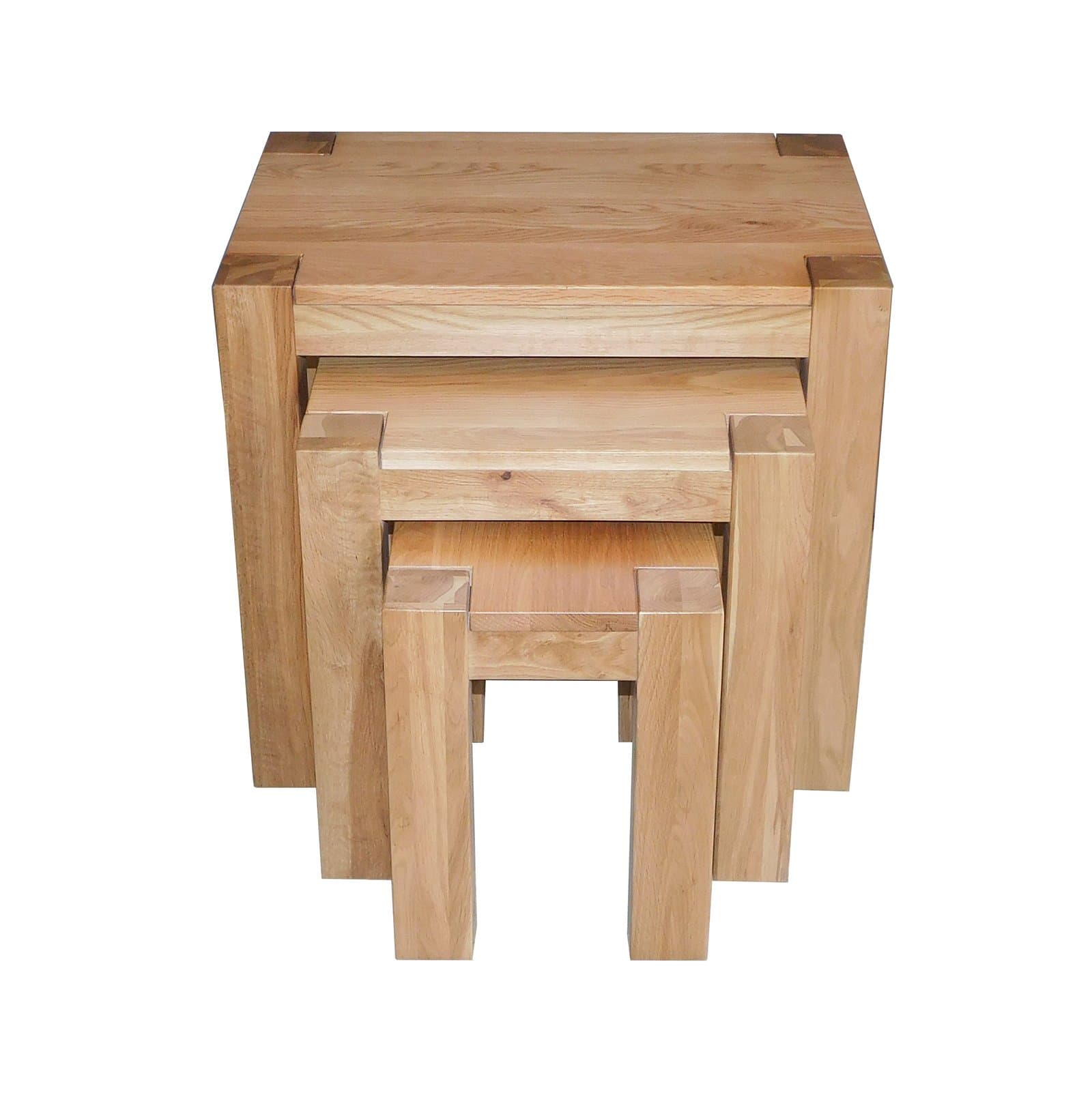 Kuba Chunky Solid Oak Wood Nest of 3 Coffee Side End Tables Living Room, 60 x 40 x 55 cm