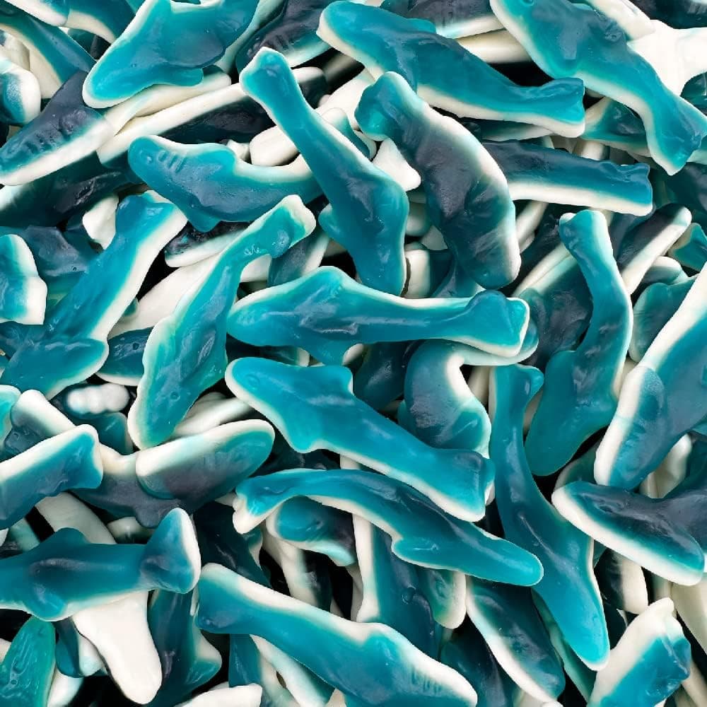 Blue Sharks Gummy Candy | 1 Pound Bag | Gummy Fish in Blue Raspberry and Vanilla Flavors | Chewy Shark Candy for Parties, Goody Bags, and Themed Events