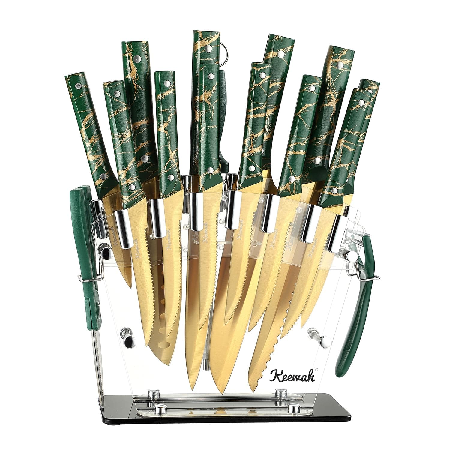 Keewah Knife Set, 16 Piece Kitchen Knives set with Acrylic Stand, Gold