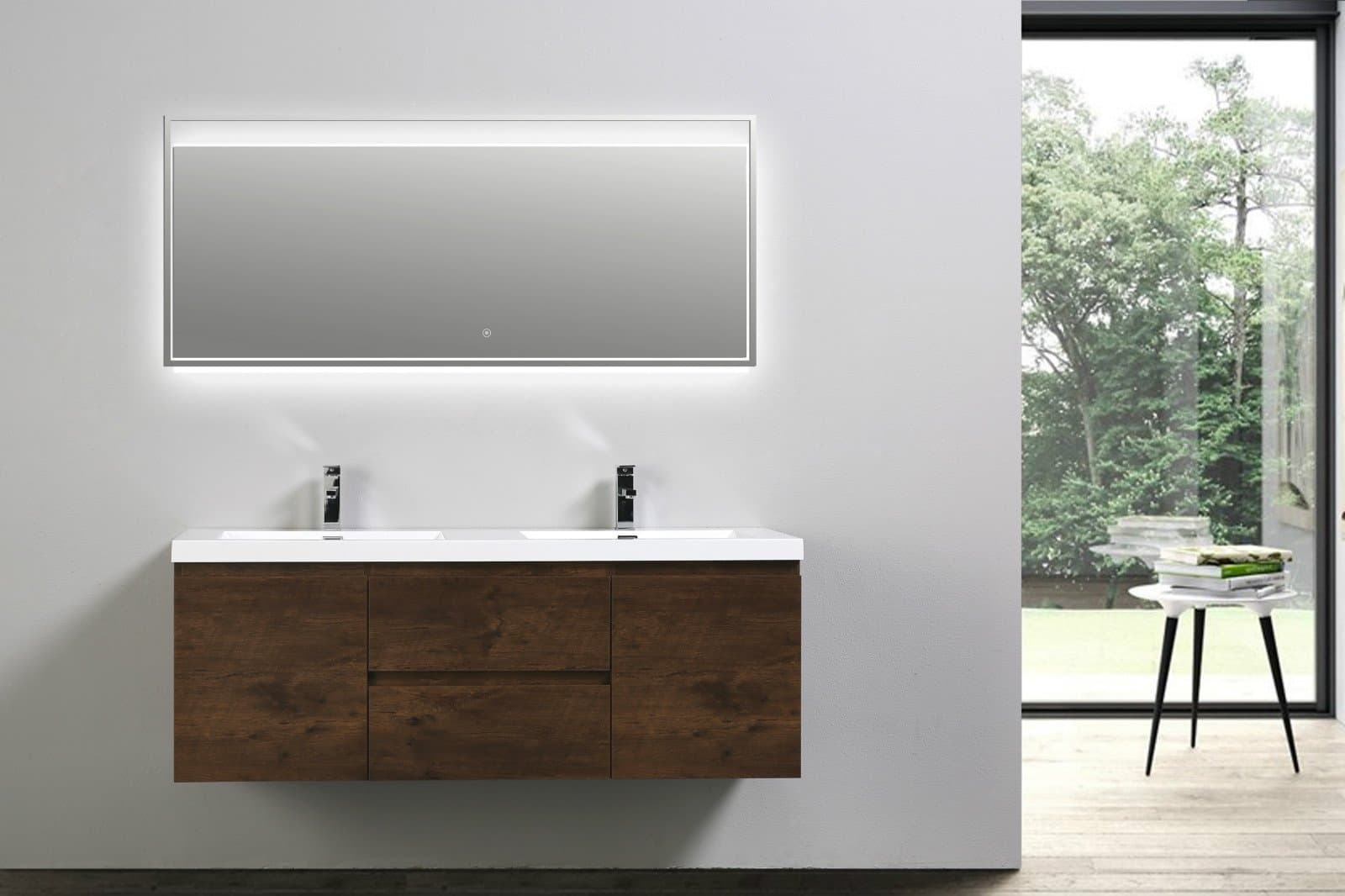 Moreno Mob Rose Wood Wall Mounted Modern Bathroom Vanity with Acrylic Sink (60 inch Double Sink)
