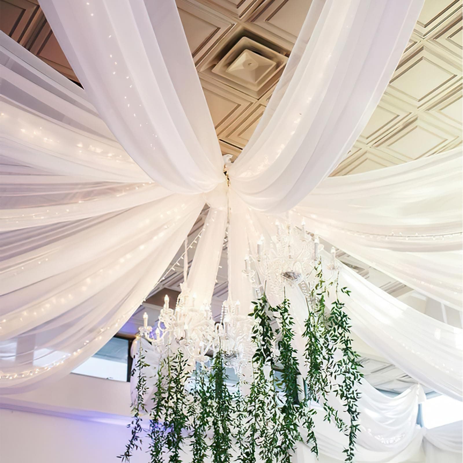 Fanqisi White Chiffon Ceiling Drapes 6 Panels 5ftx15ft Wedding Ceiling Draping Fabric Sheer Swag Drapes for Indoor Ceremony Conservatory Decoration