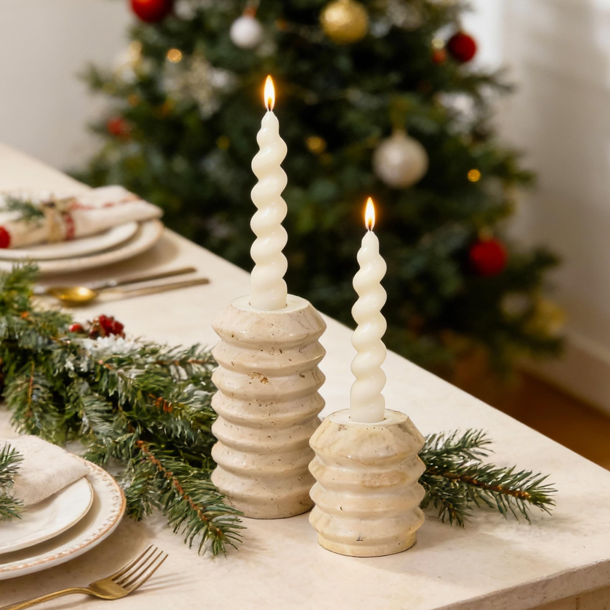 WORHE Candle Holders True Natural Travertine Stone 0.4" Thick, Set of 2 Premium Marble Candlestick Holder for Wedding Dinning Party, Candle Stand for 3/4 inch Thick Candles Color White (ZT002)