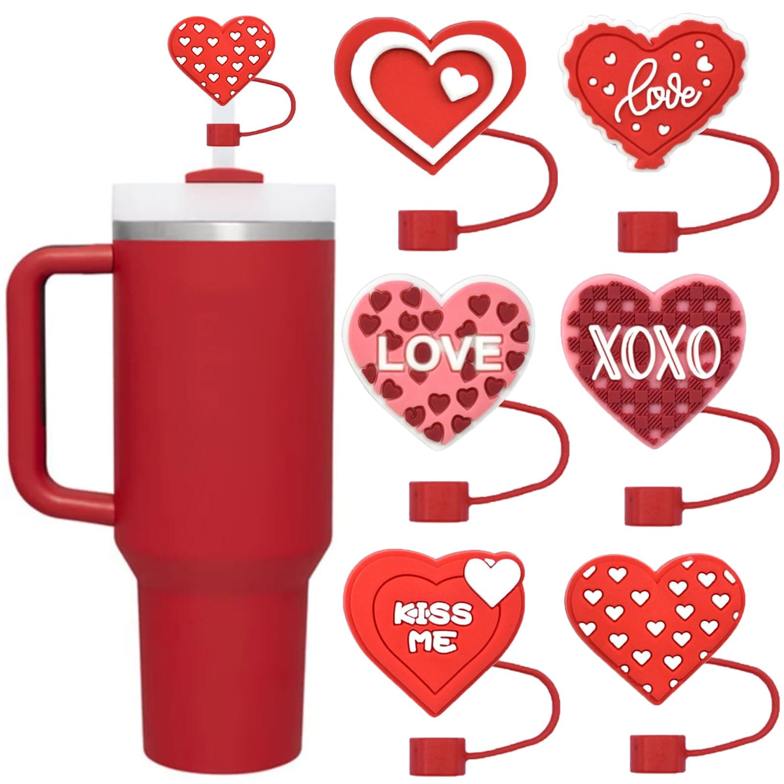 6PCS Heart Shape Straw Cover Cap Valentine's Day Straw Toppers 10mm Silicone Straw Tip Cover Compatible with Stanley 30&40 Oz Tumbler Reusable Stanley Cup Accessories Decor Gifts for Kids Party Favors
