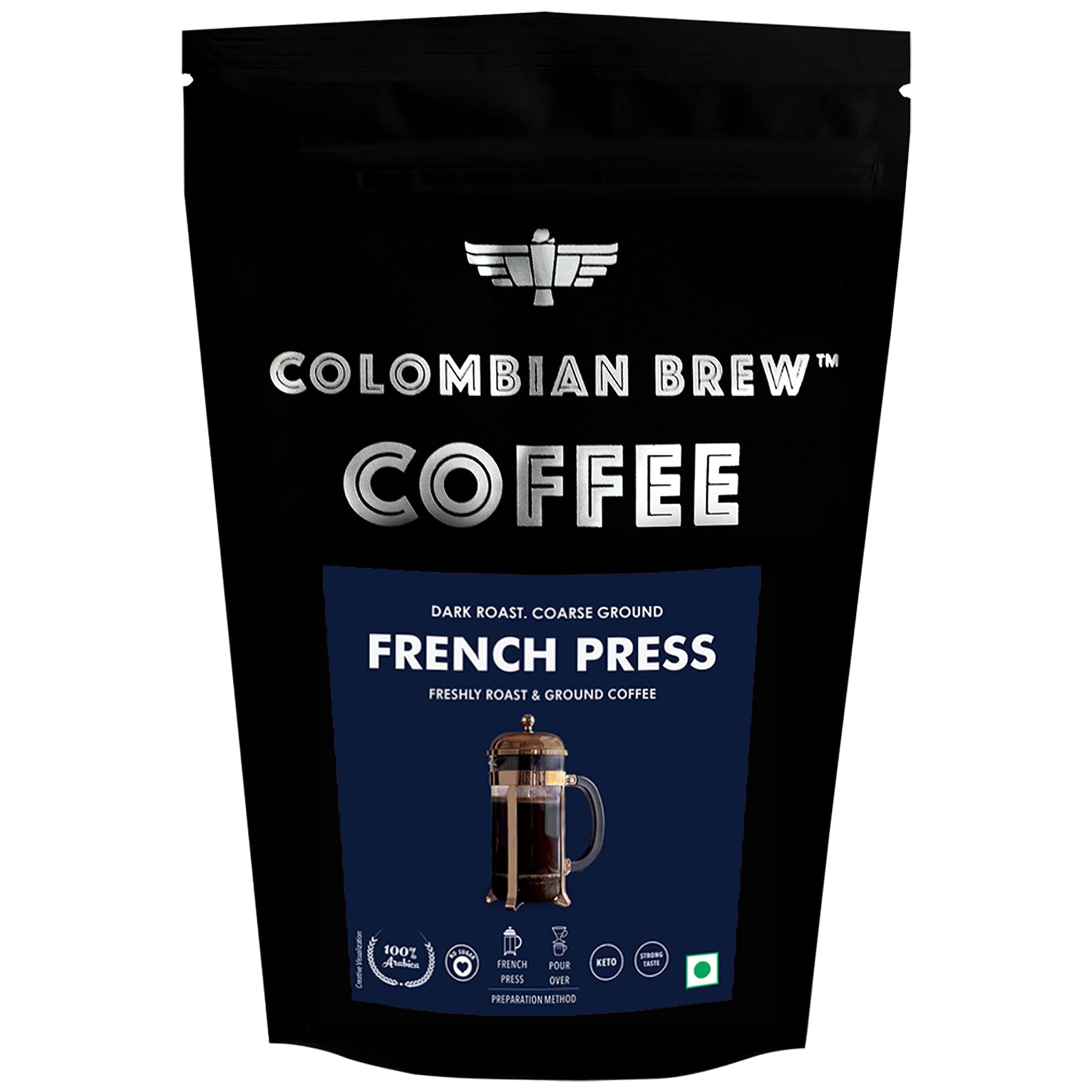 Colombian Brew Arabica French Press Coffee Powder, Dark Roast Strong, 100g Pouch