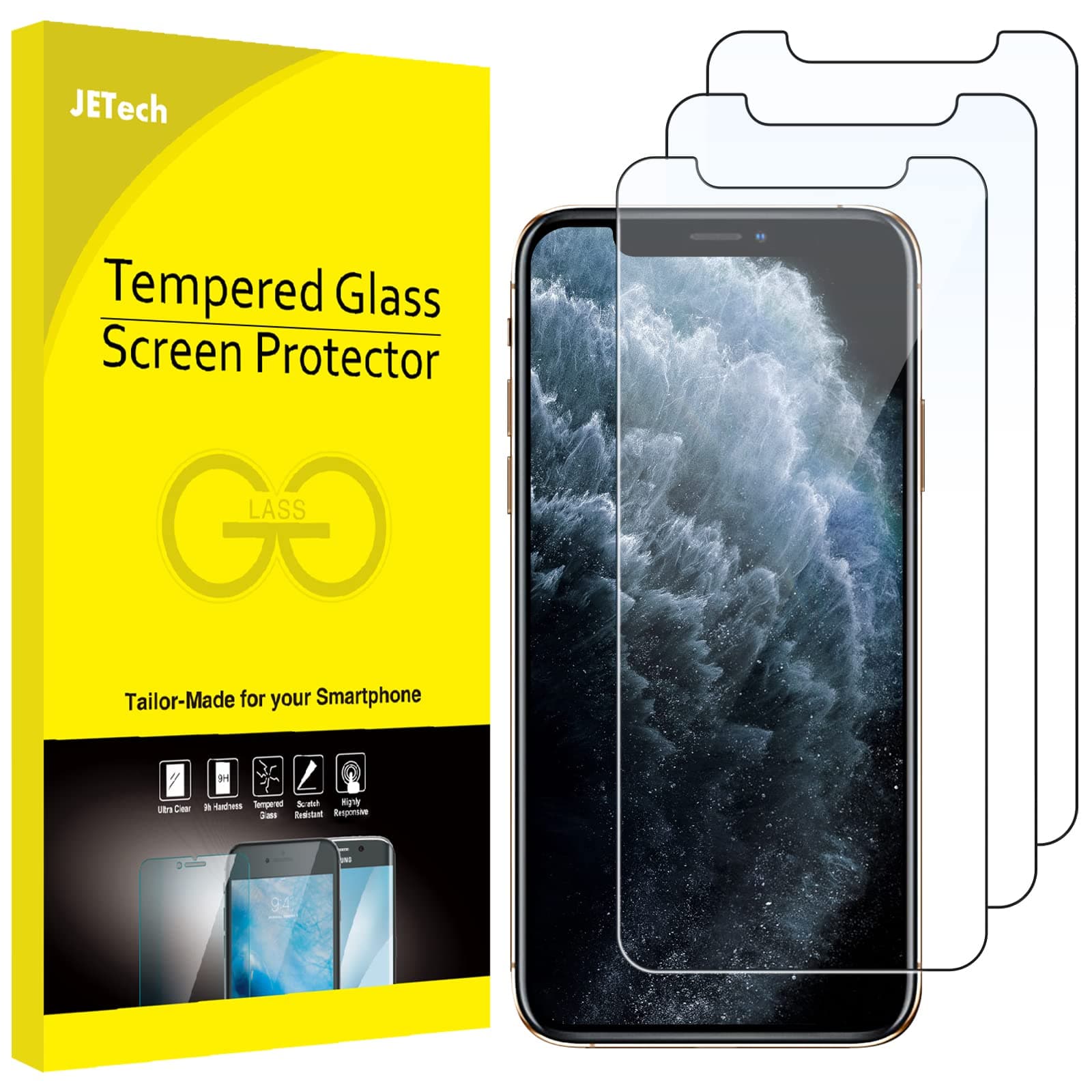 JETech Screen Protector Film for iPhone 11 Pro, iPhone XS and iPhone X 5.8 Inch Tempered Glass, Pack of 3