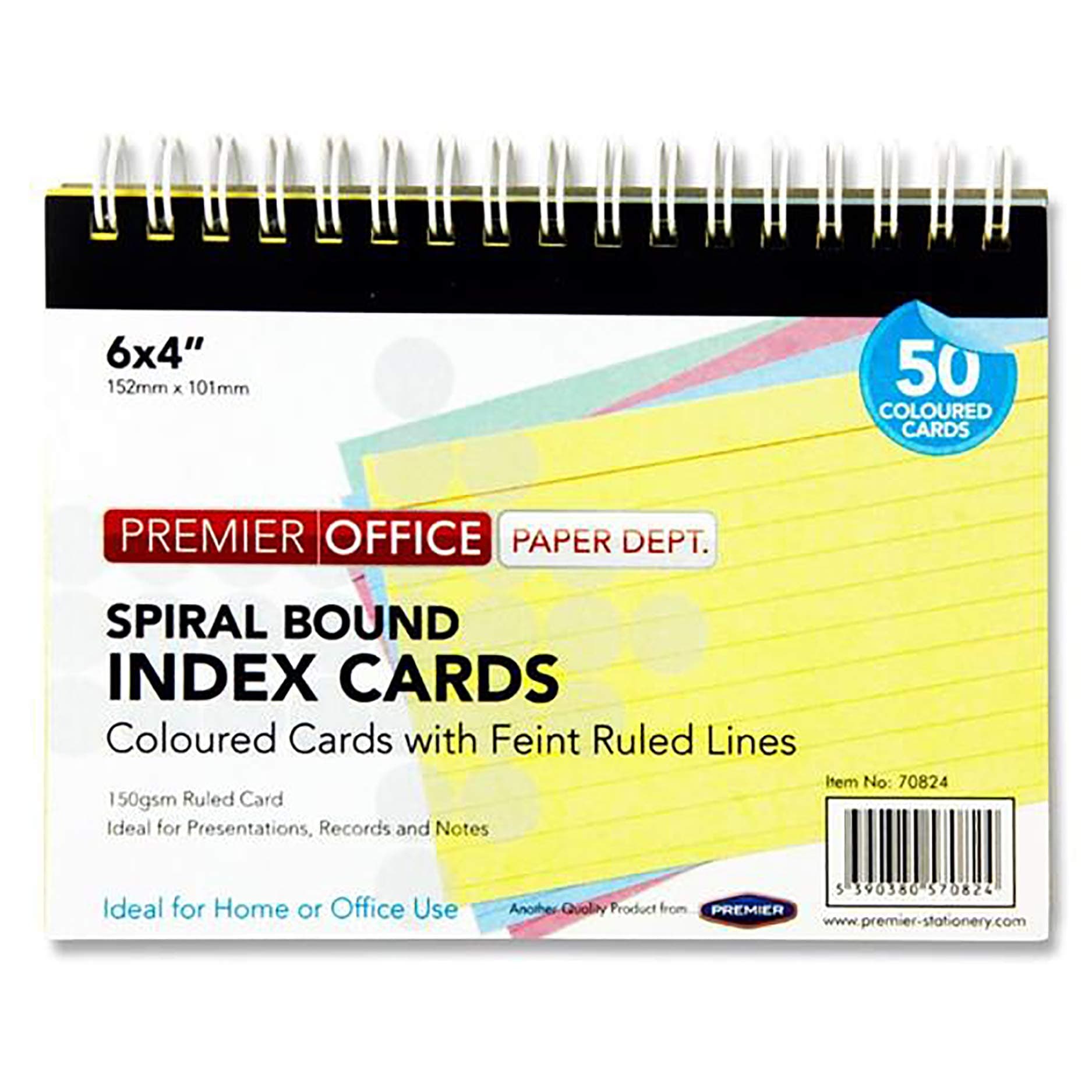 Premier Office Spiral Bound Index Cards. 6 x 4 50 Coloured Cards., A2870824