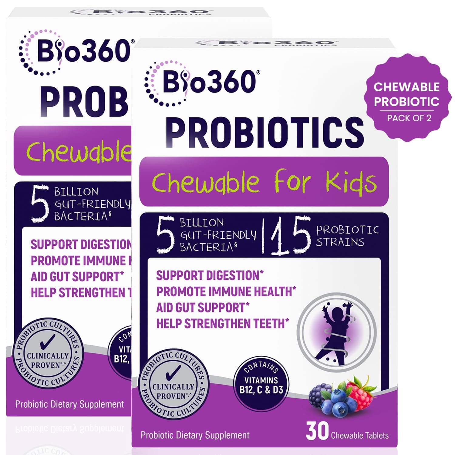 Bio360 Probiotics for Kids - 15 Strains & 5 Billion CFU Supports Brain, Immune & Digestive Health - Kids Probiotic Chewable with Organic Prebiotics for Gut & Constipation, Mixed Berry Flavor, 60 Count