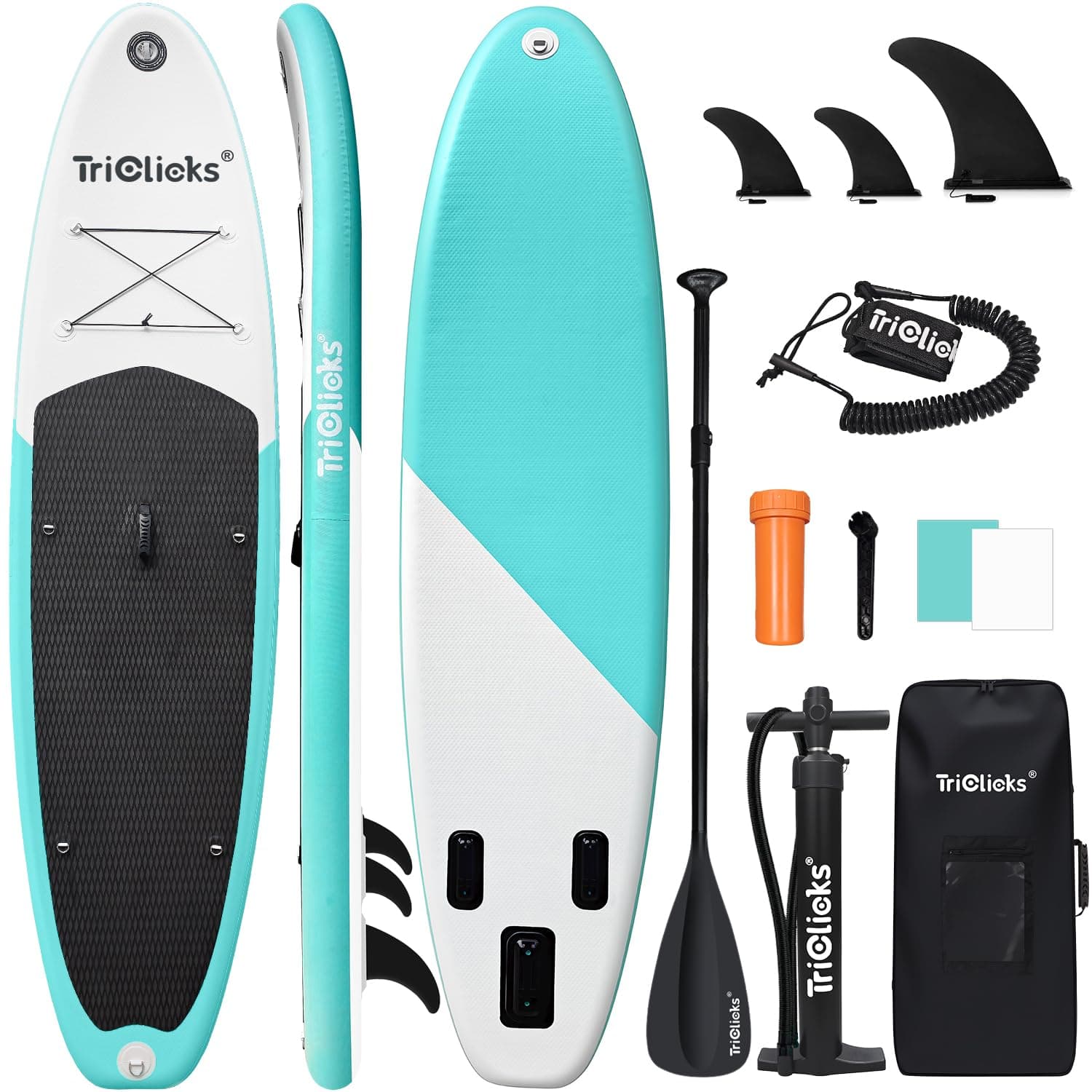 Triclicks 10ft Stand Up Paddle Boards Inflatable SUP Board Surfboard - Beginner's Kit. Adjustable Paddle, Air Pump With Pressure Guage, Fin, Repair Kit, Premium Leash & Rucksack