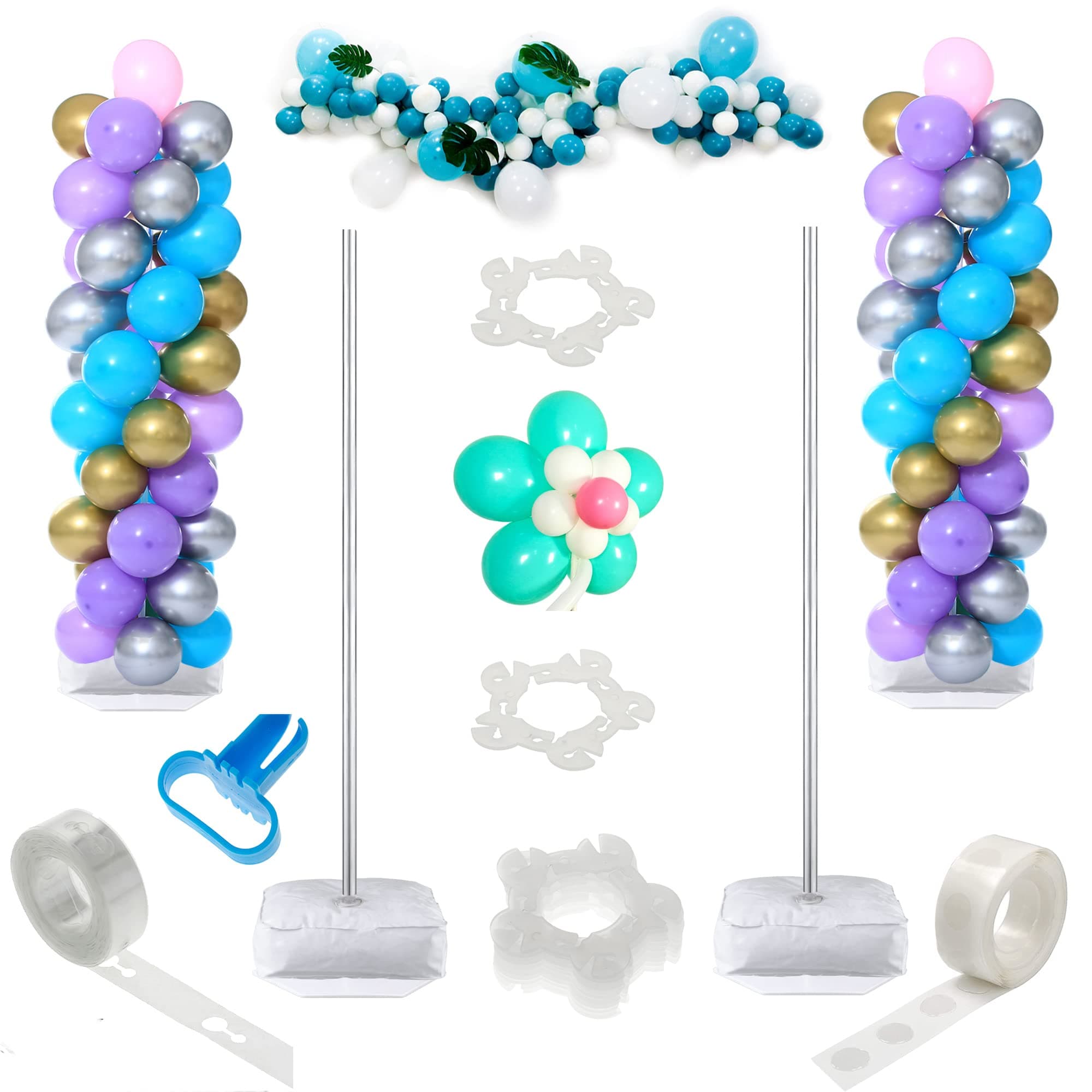 2 Set Metal Balloon Column Stands Kit 5 Feet Tall Base and Pole with Balloon Garland for Birthday, Baby Shower, Graduation Outdoor, and Indoor