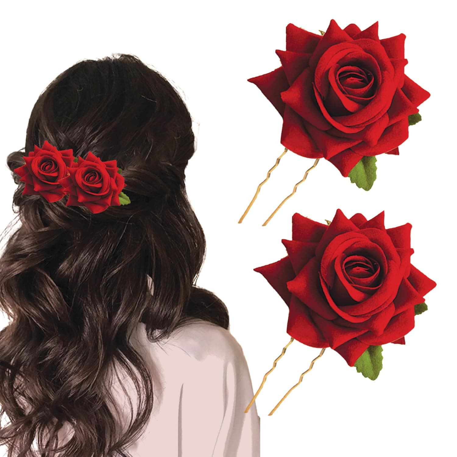 TEMPERIA (2pcs) Hair Accessories For Women & Girls - Stylish Red Rose Artificial Flowers Bun Juda U Pins & Clips for Style & Decoration - Bridal Brooch & Braid for Hairstyle of Bride, Wedding & Party