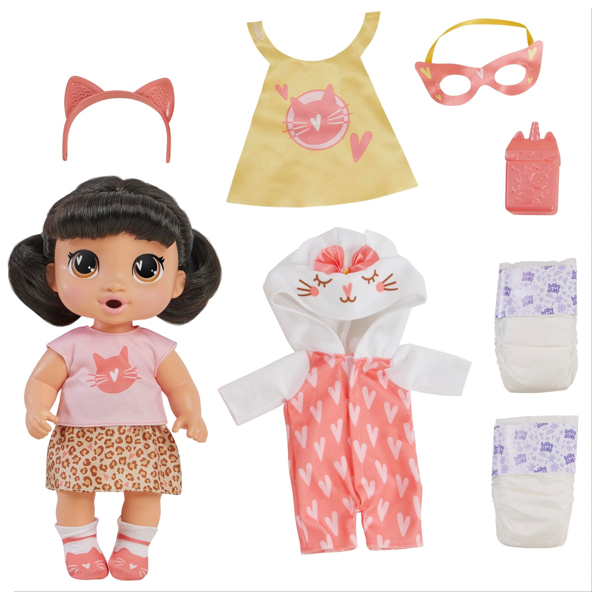 Baby Alive Super BFF Katie Kat Black Hair Dress Up Baby Doll Playset, 11 Inches, Toys for 3 Year Old Girls & Boys & Up (Amazon Exclusive)