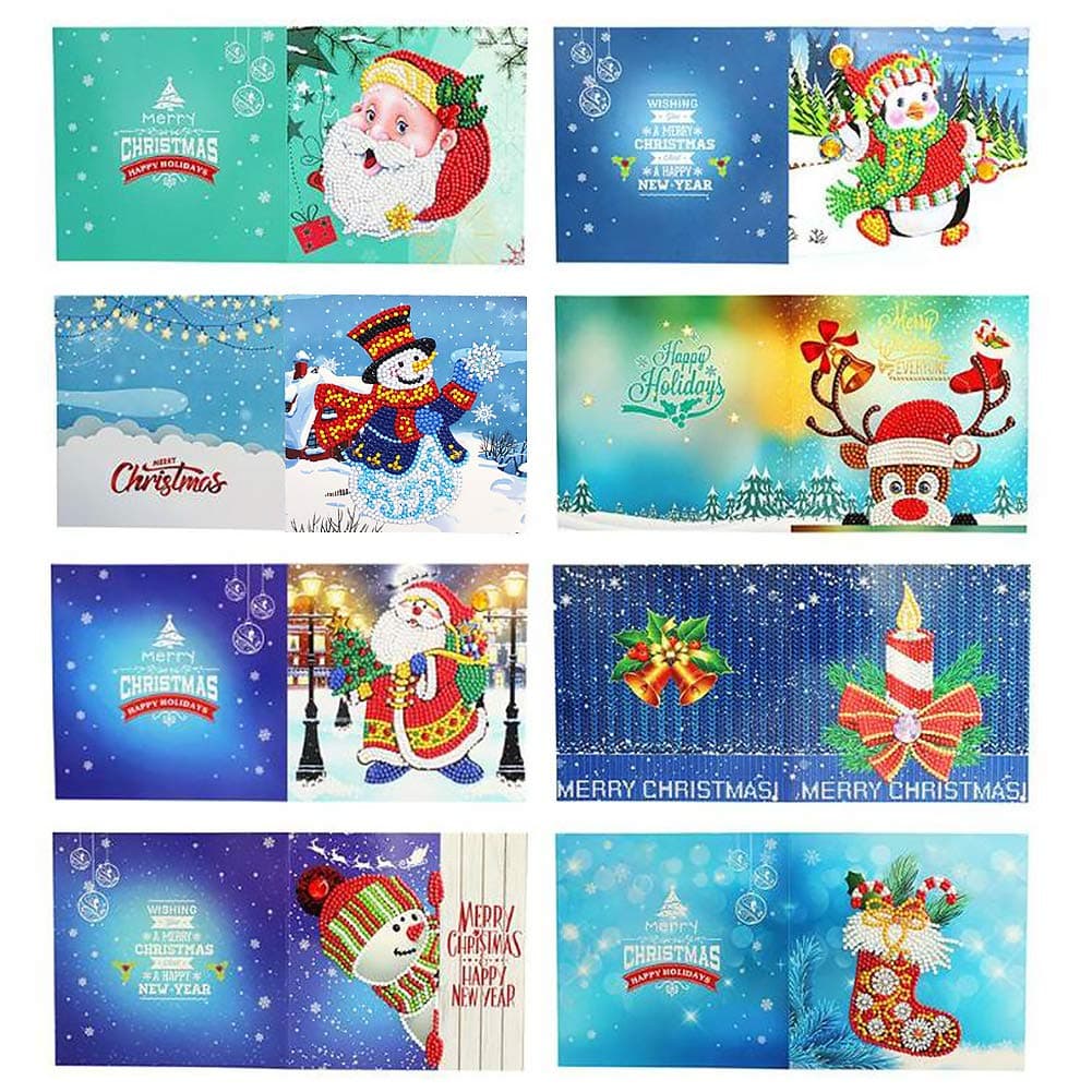 8 Pack Christmas Cards 5D Diamond Painting Greeting Special Shaped Drills Holiday Card for Xmas Snowman Santa Claus Cards Festival Birthday New Year Gift