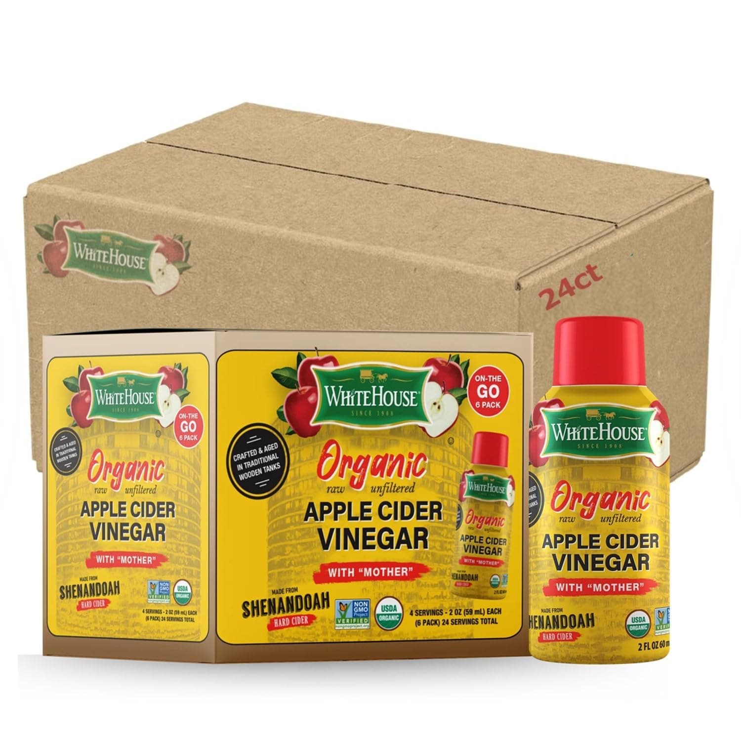 White House Organic Apple Cider Vinegar Shots, Raw Unfiltered, On the Go (Organic, Pack of 24)