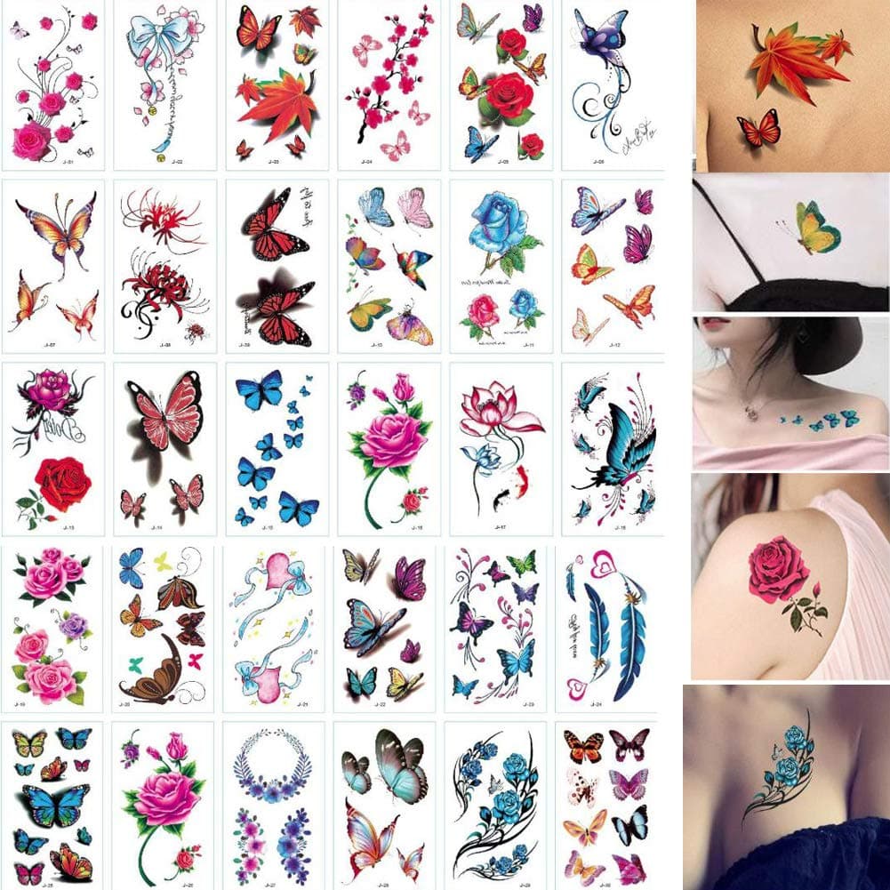 30 Sheet 3D Butterfly Temporary Tattoo Flower Body Art Fake Tattoo Sticker Floral Maple Feather False Tatttoo for Women, Girls, Kids (Tattoo Kits A)