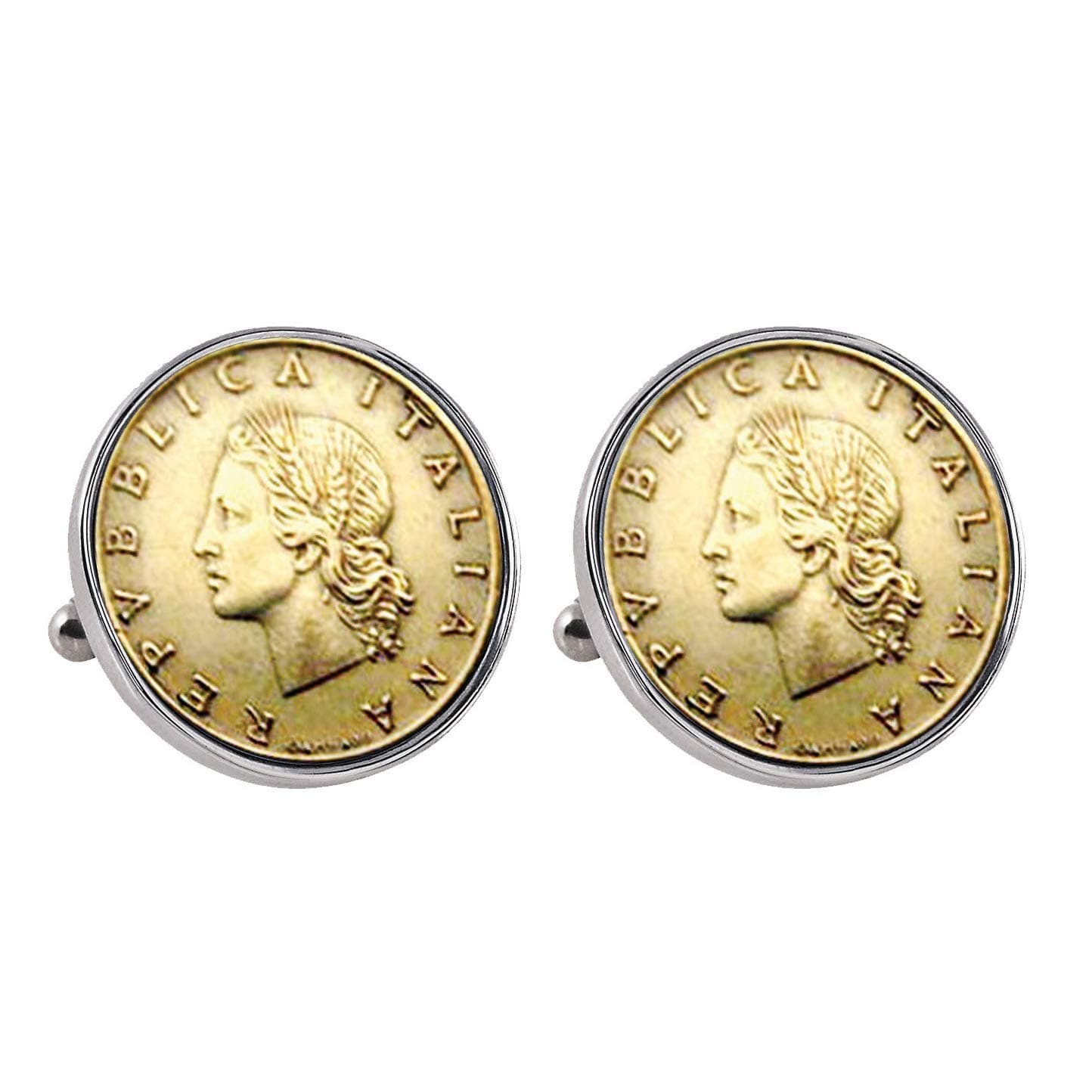 Italian Republic Coin Silvertone Bezel Cuff Links | Lira Coins | Men's Cufflinks | Miss Italy Lire Coins