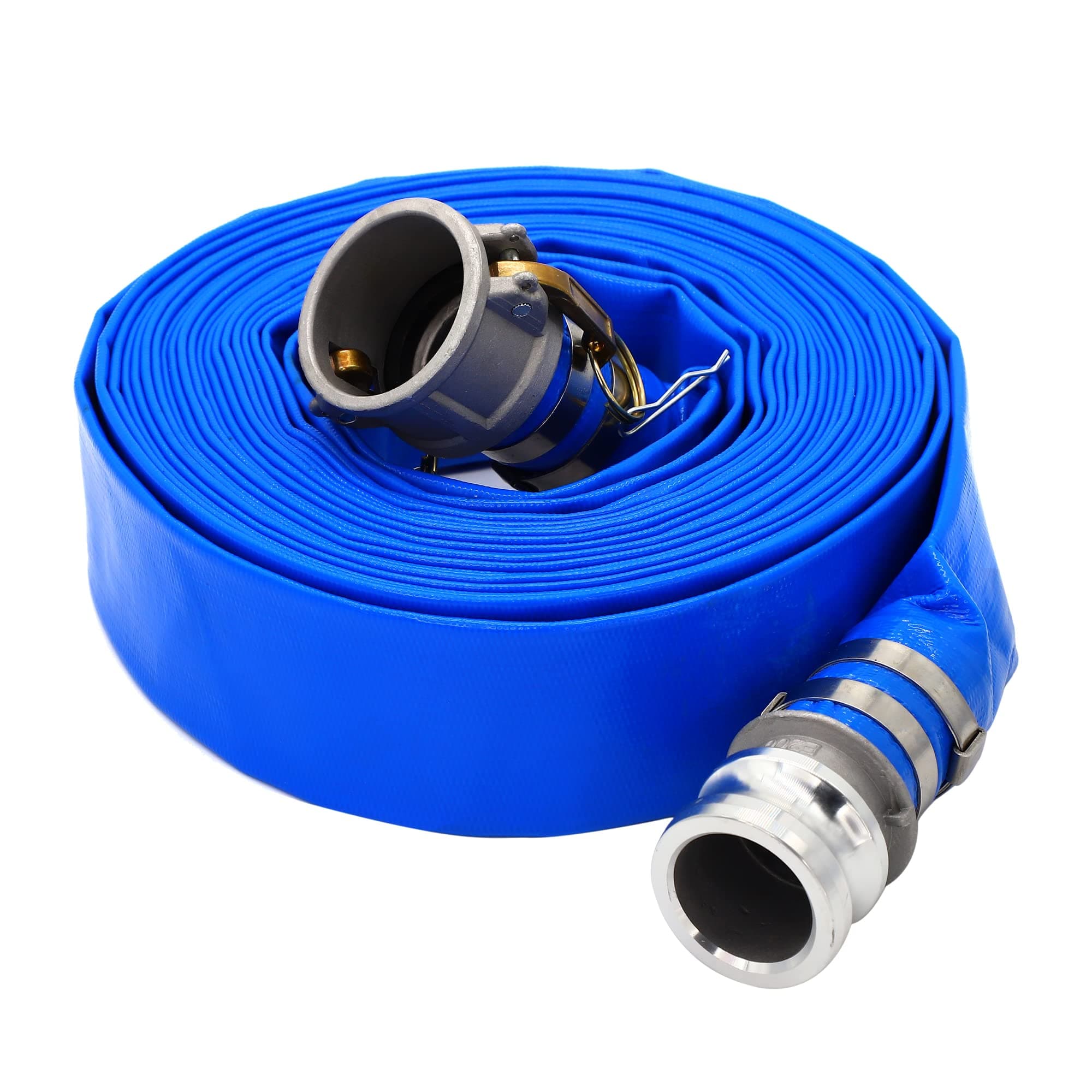 DAVCO 2" ID × 100 ft Pool Backwash Hose, Heavy Duty Reinforced Blue PVC Lay Flat Water Discharge Pump Hoses For Swimming Drain Pools and Clean Filters, with Aluminum Camlock C and E Fittings