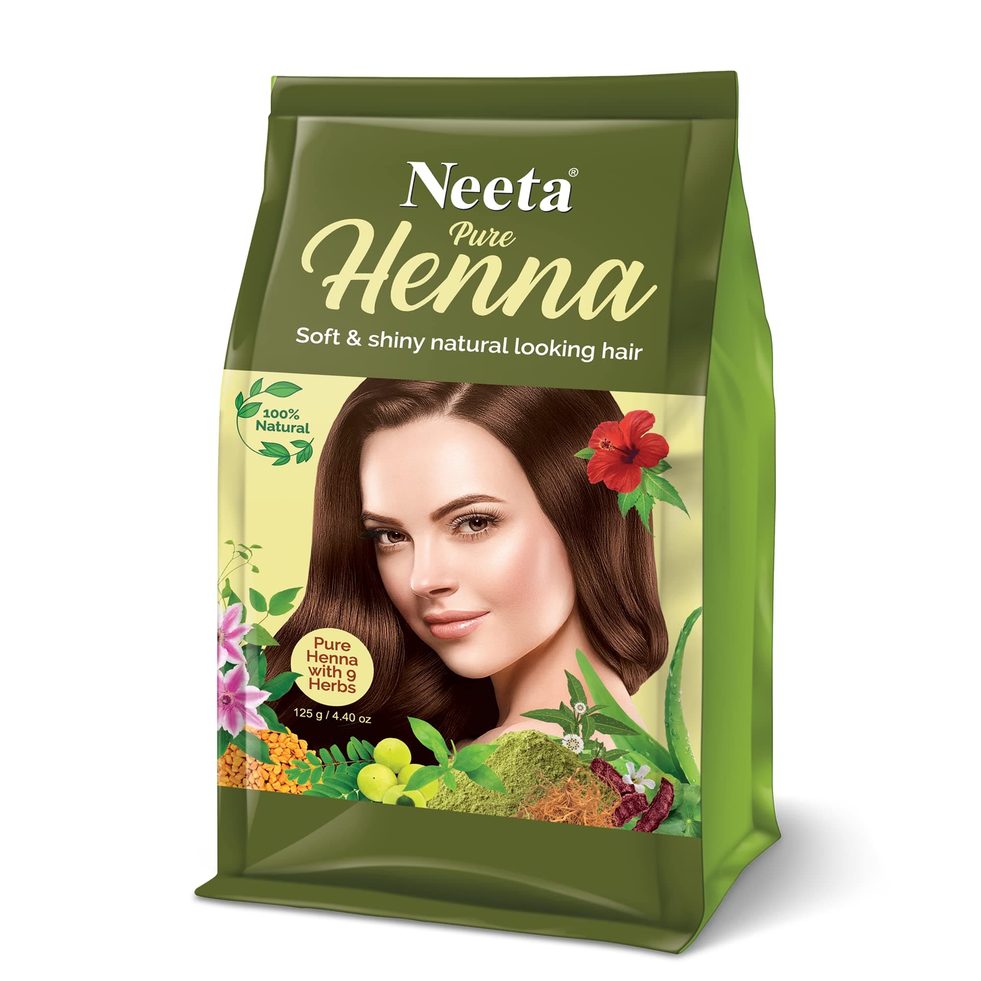 Pure Henna with Goodness of 9 Herbs 100% Pure, Natural and Chemical Free Henna Powder From India Herbal hair care 125g 4.40 oZ