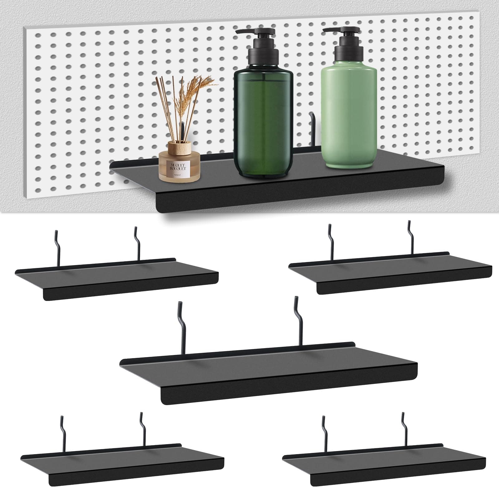 PEKGRIL 10x4.3 Inch Pegboard Shelves Set of 6, Metal Peg Board Shelves Accessories, Flat Display Shelves for Pegboard, Metal Retail Display for Storage and Organization, Black