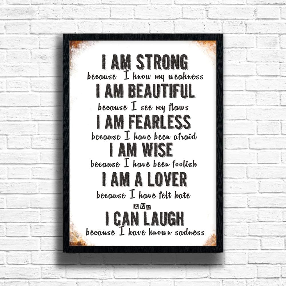 I Am Strong Framed Art Print, Motivational Inspirational Quote Poster A3 A4 Size Frame Options in Black Oak White Colours (Black, A4)