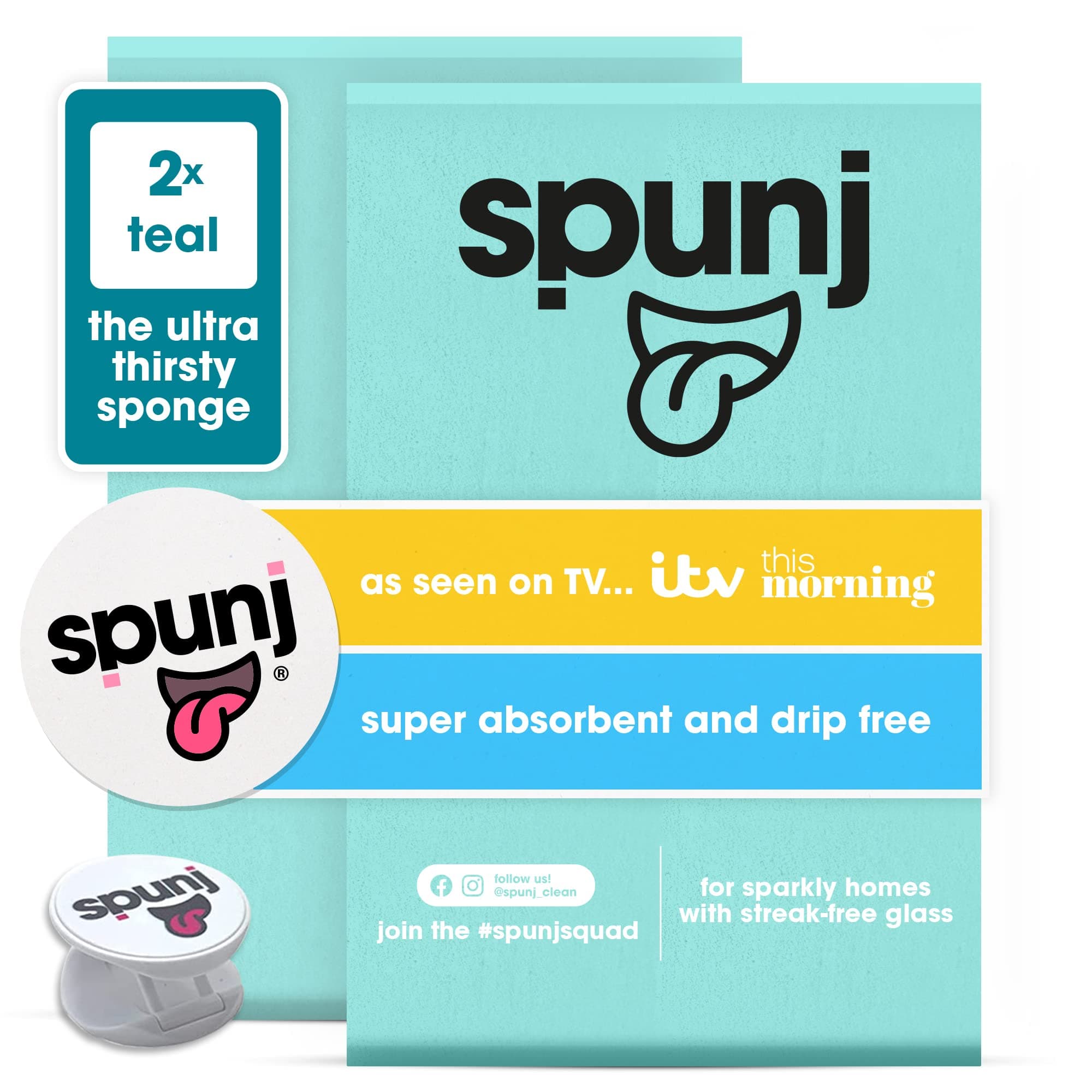 2pk spunj The Ultra Thirsty Sponge Teal | Super Absorbent Cleaning Sponges | Holds 7x its Weight in Water | Drip Free Home, Kitchen Sponge & Bathroom Cleaning Sponge | Damp Duster | Large Sponge