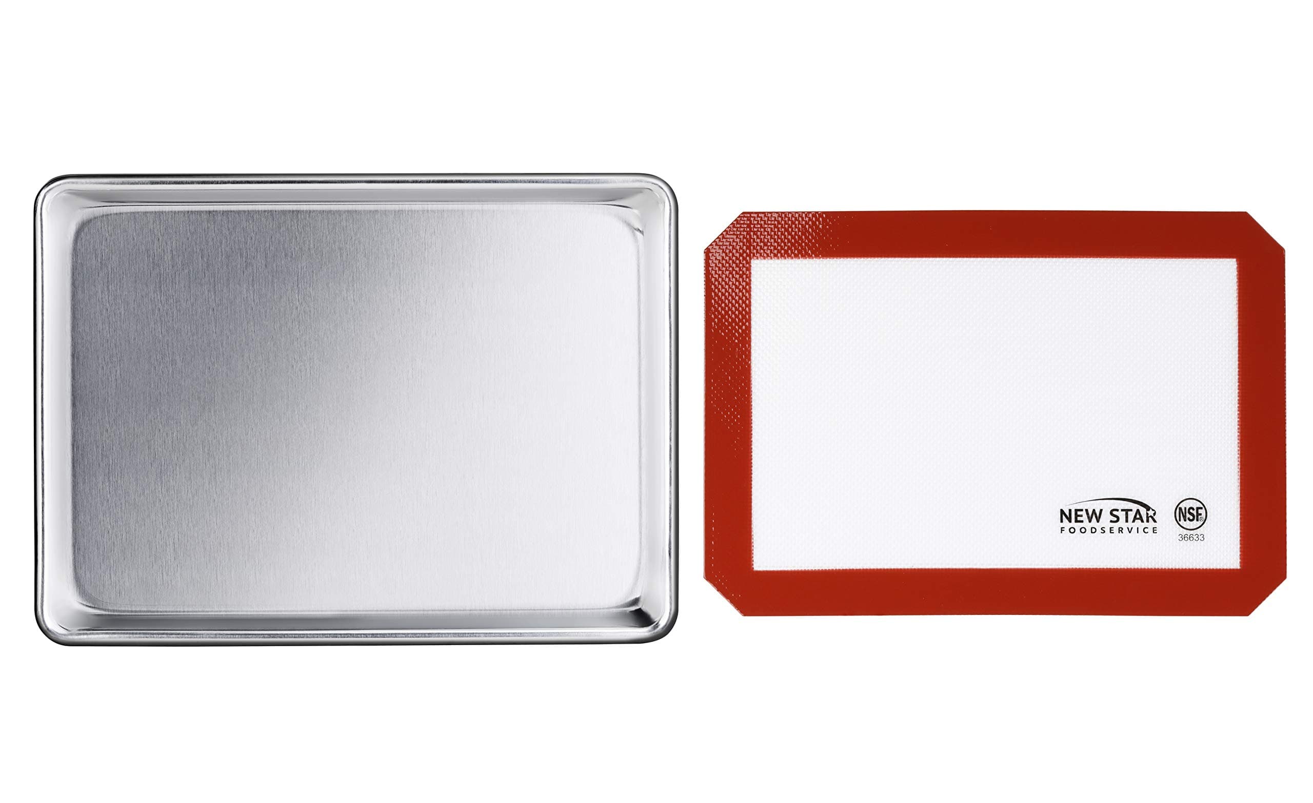 New Star Foodservice 38422 Commercial-Grade 18-Gauge Aluminum Sheet Pan/Bun Pan & Silicone Baking Mat Set, 9" L x 13" W x 1" H (Quarter Size)