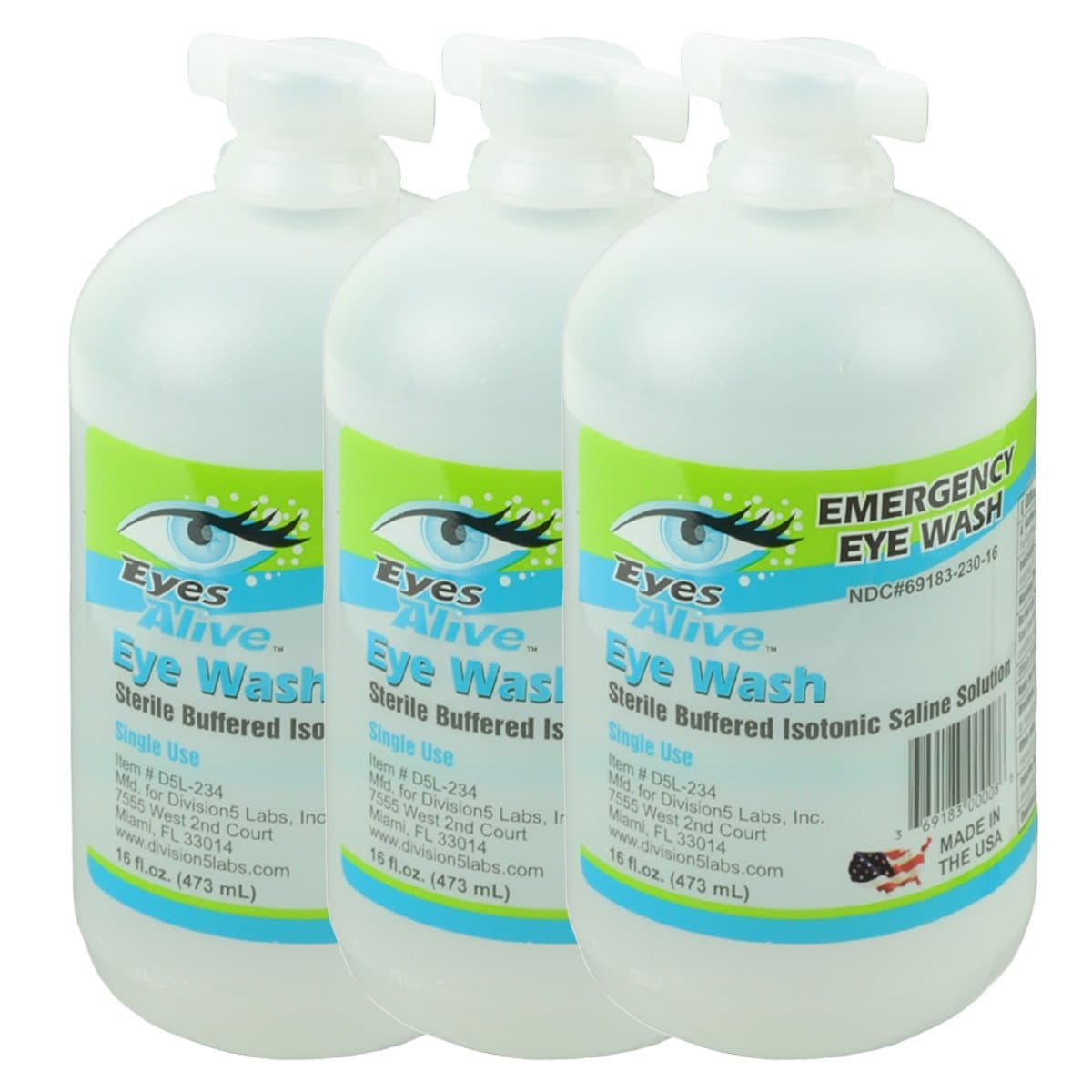 Eye Wash Sterile Buffered Isotonic Saline Solution Pack of 3-16oz Bottle - Made in The USA