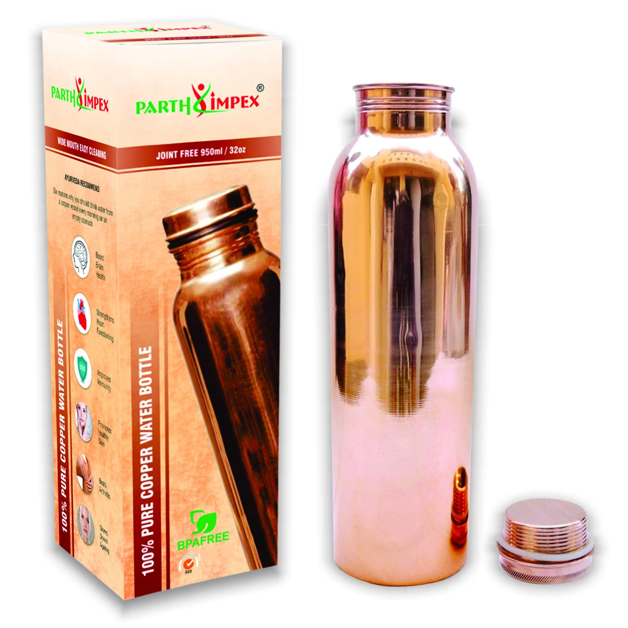 PARTH IMPEX Water Bottle Leak Proof Joint Free Ayurvedic 100% Pure Vessel Pitcher For Drinking Water Ayurveda Health Benefits Approx 950 ml / 32oz Copper