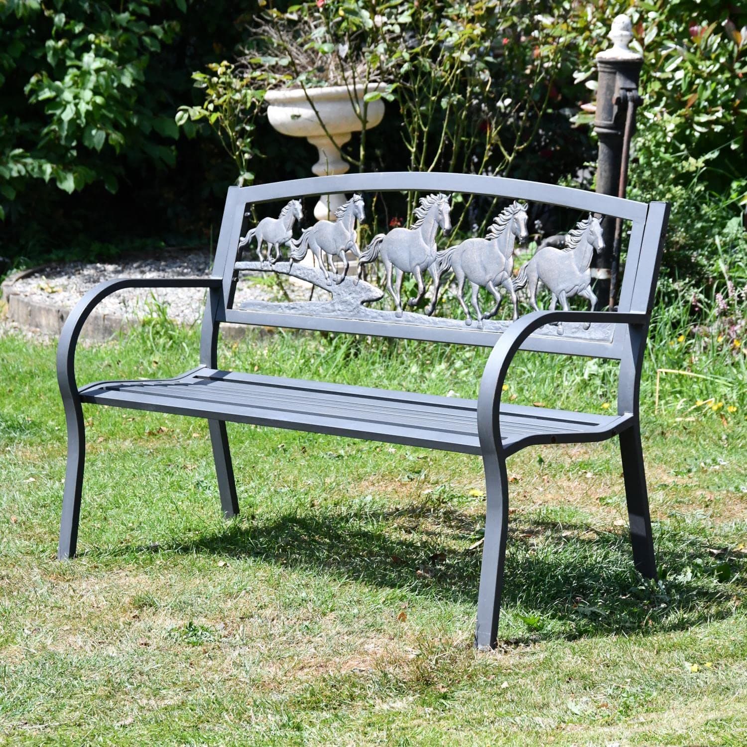 Black Country Metal Works Steel Framed Cast Iron Garden Bench with Running Horses Design and Detail