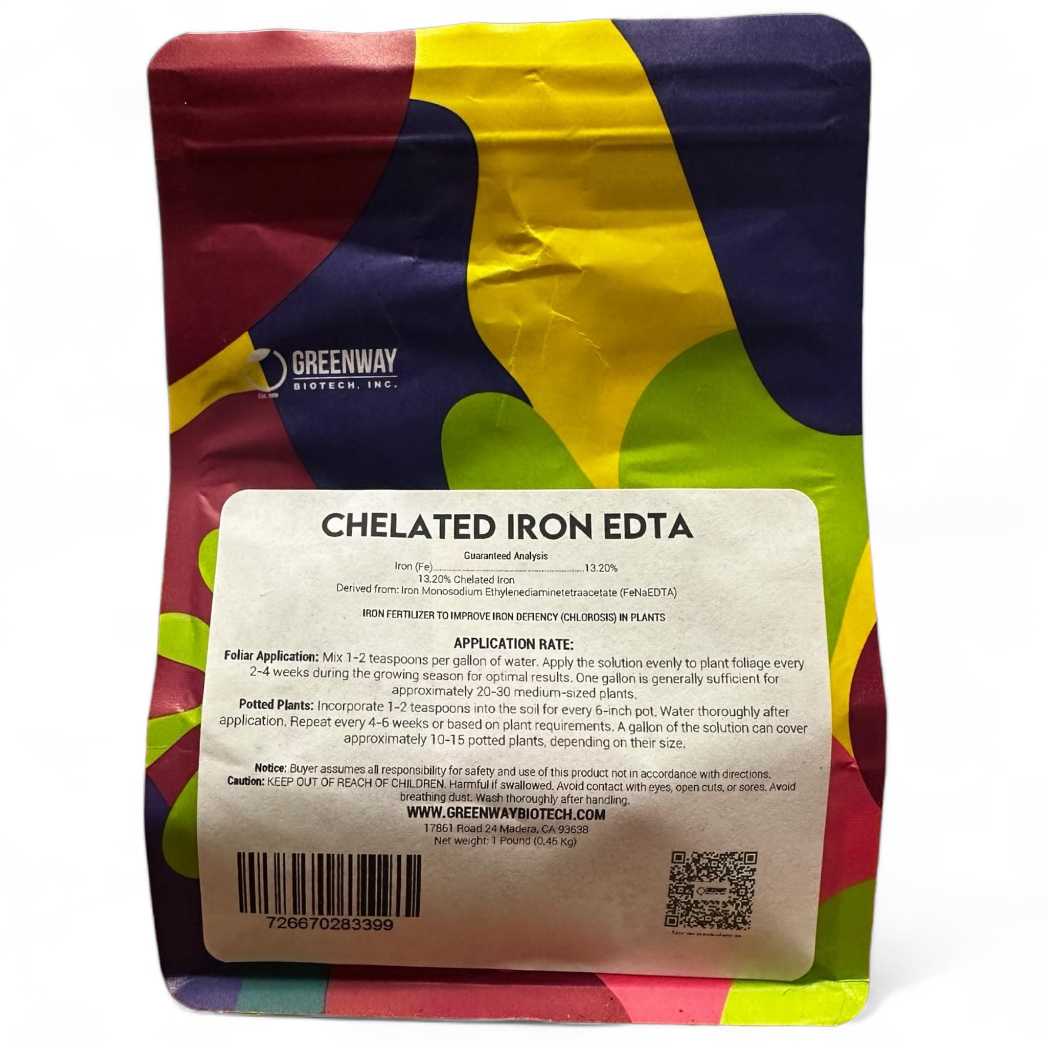 Greenway Biotech, Inc. Chelated Iron EDTA 13% Fertilizer - 100% Water Soluble Micronutrient for Plants, Lawns, Hydroponics - Corrects Iron Chlorosis & Yellow Leaves - Made in USA - 1 Pound