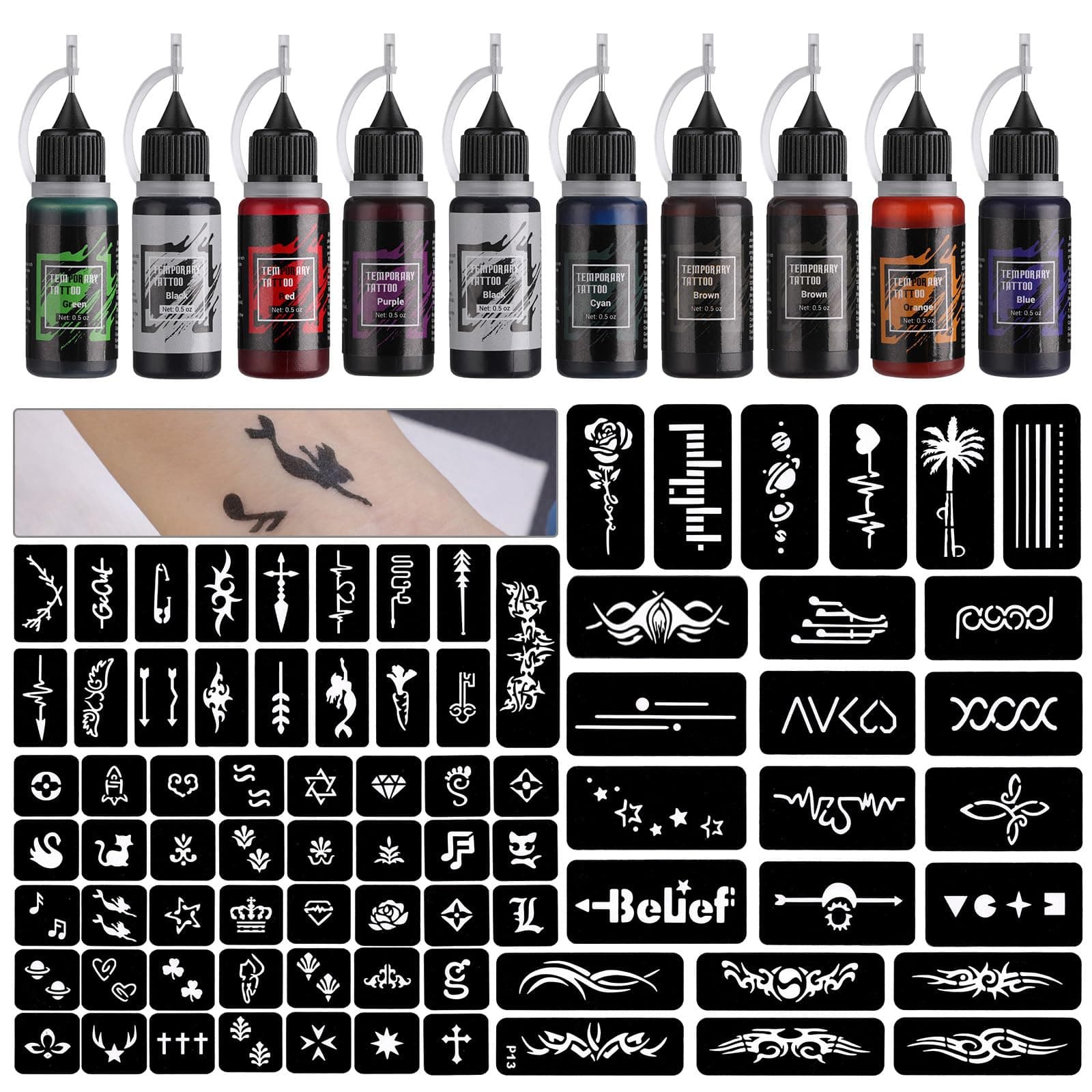 Temporary Tattoo Kit 10 Bottles Color Inks, 84 Pcs Stencils Kit for Body Paint DIY Tattoos Temp, 8 Colors DIY Fake Tattoo for Women Kids