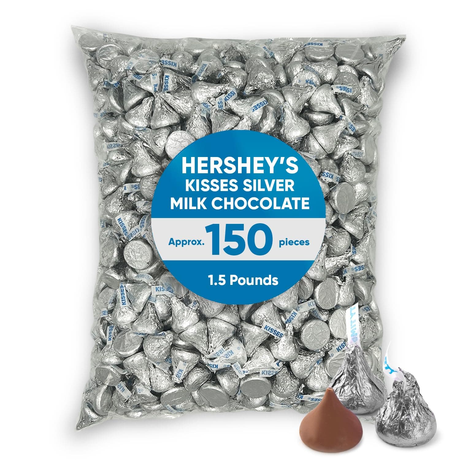 CHAIN & JO SWEETS Hershys Kisses Silver Foiled Classic Milk Chocolate - 1.5 Pounds approx 150 pieces of Chocolate Candy Individually Wrapped - Ideal for Snacking and Sharing wit Family & Friends - H