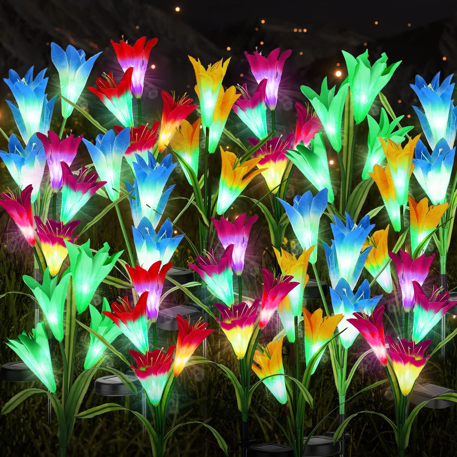 20 Pcs Outdoor Solar Lights Waterproof Lily Flower Lights Colorful Decorative Outside Lights with 80 Bigger Lily and Wider Solar Panel for Garden Patio Yard Pathway Lawn Landscape, 6 Colors