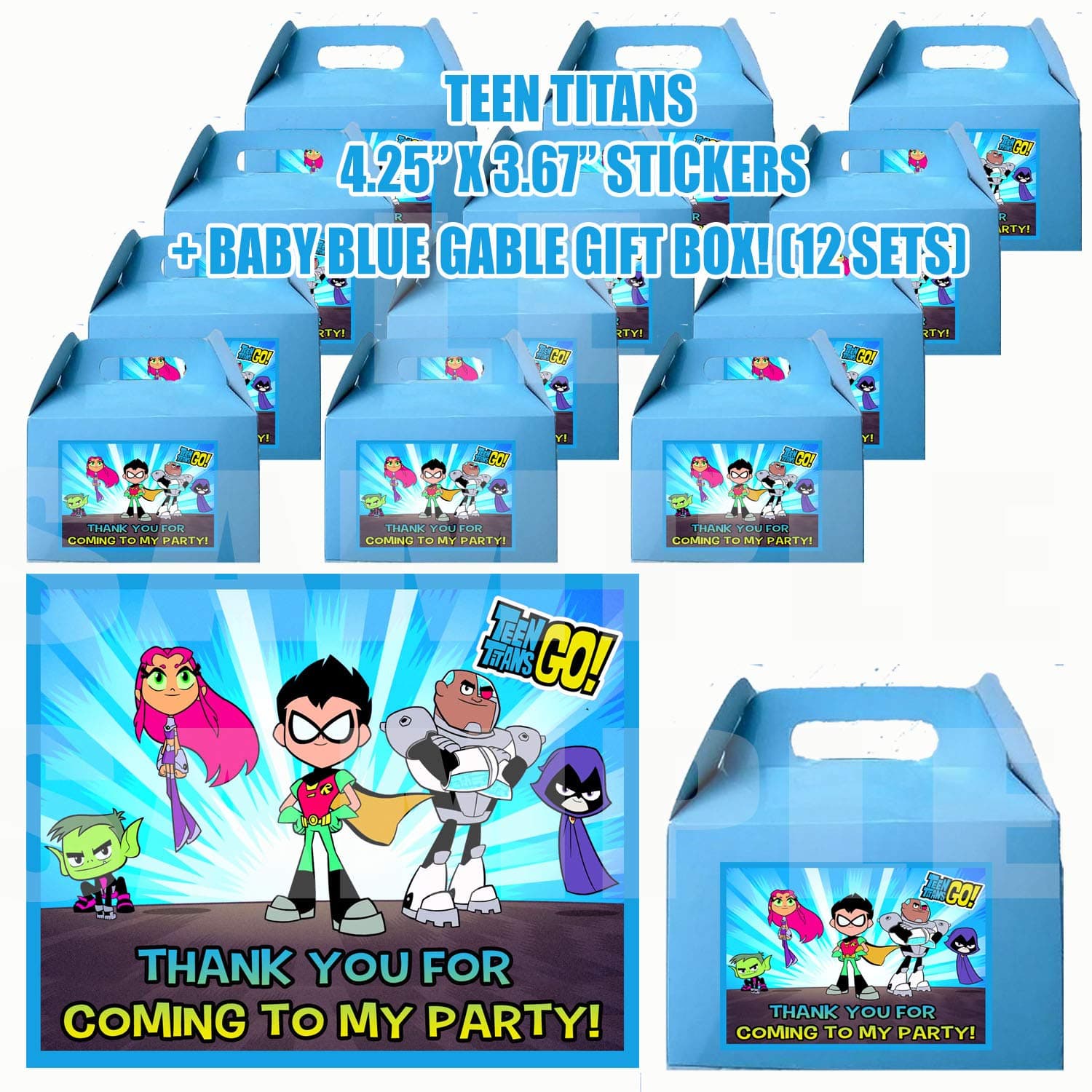 Teen Titans GO Party Favor Boxes with Thank You Decals Stickers Loots Blue Birthday 12 Pieces Great Seller …Robin, Starfire, Cyborg, Raven, Beast Boy Super Heroes