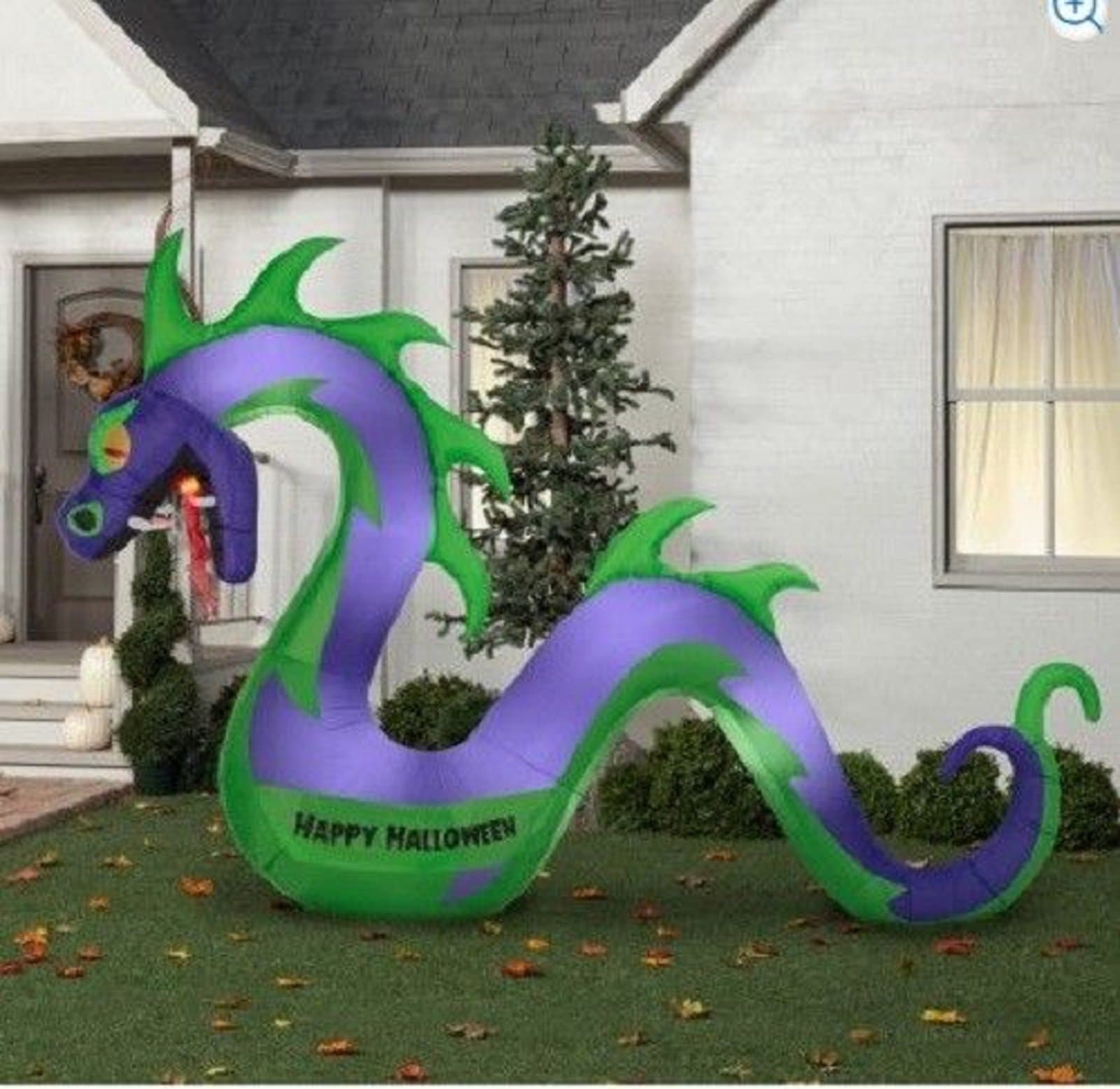 10.5 ft Inflatable Sea Serpent with Flaming Mouth Dragon Halloween Yard Art Purple Green