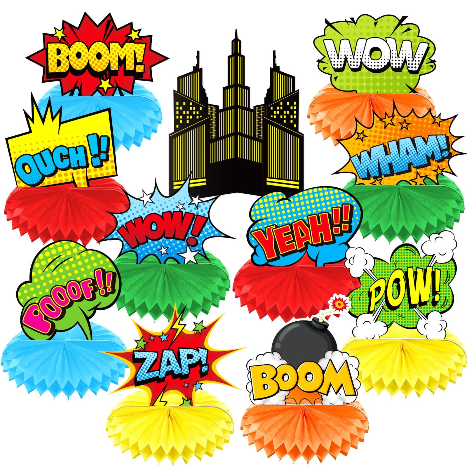 Superhero Boom Honeycomb Party Decorations 11 Sets for Kids Hero Action Sign Theme Cartoon Birthday Party Supplies Baby Shower Cutouts Cardboard Table Honeycomb Centerpieces Decor