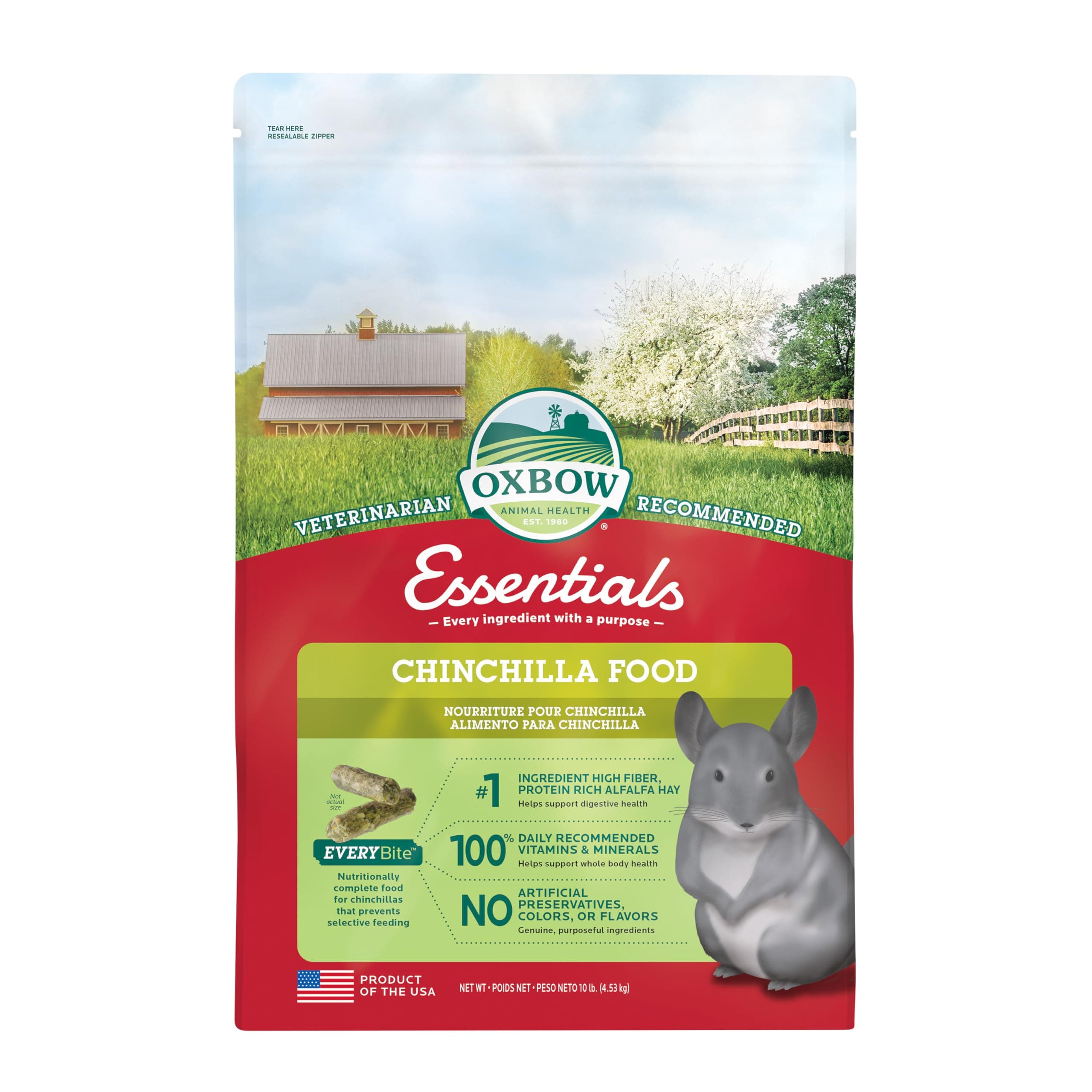 Essentials Chinchilla Food, Made with Oxbow Alfalfa, Vitamin & Mineral Rich Food for Chinchillas, Small Animal Pet Pellets, Made in USA, High Fiber, 10 lb Bag