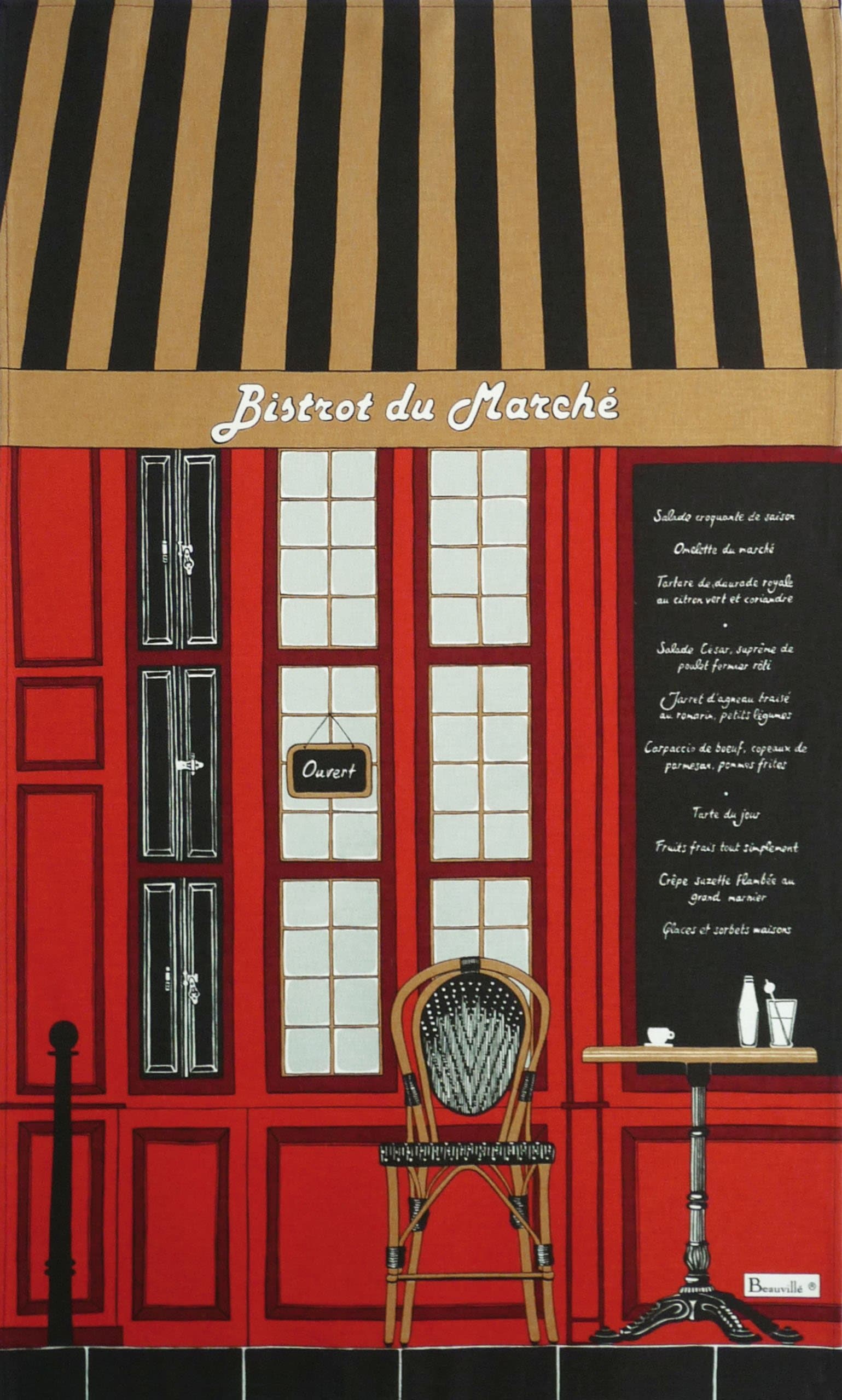Beauville, Bistrot (Bistro) du Marche French Kitchen/Tea Towel, Silk Screen Hand Printed, 22 Inches x 31 Inches
