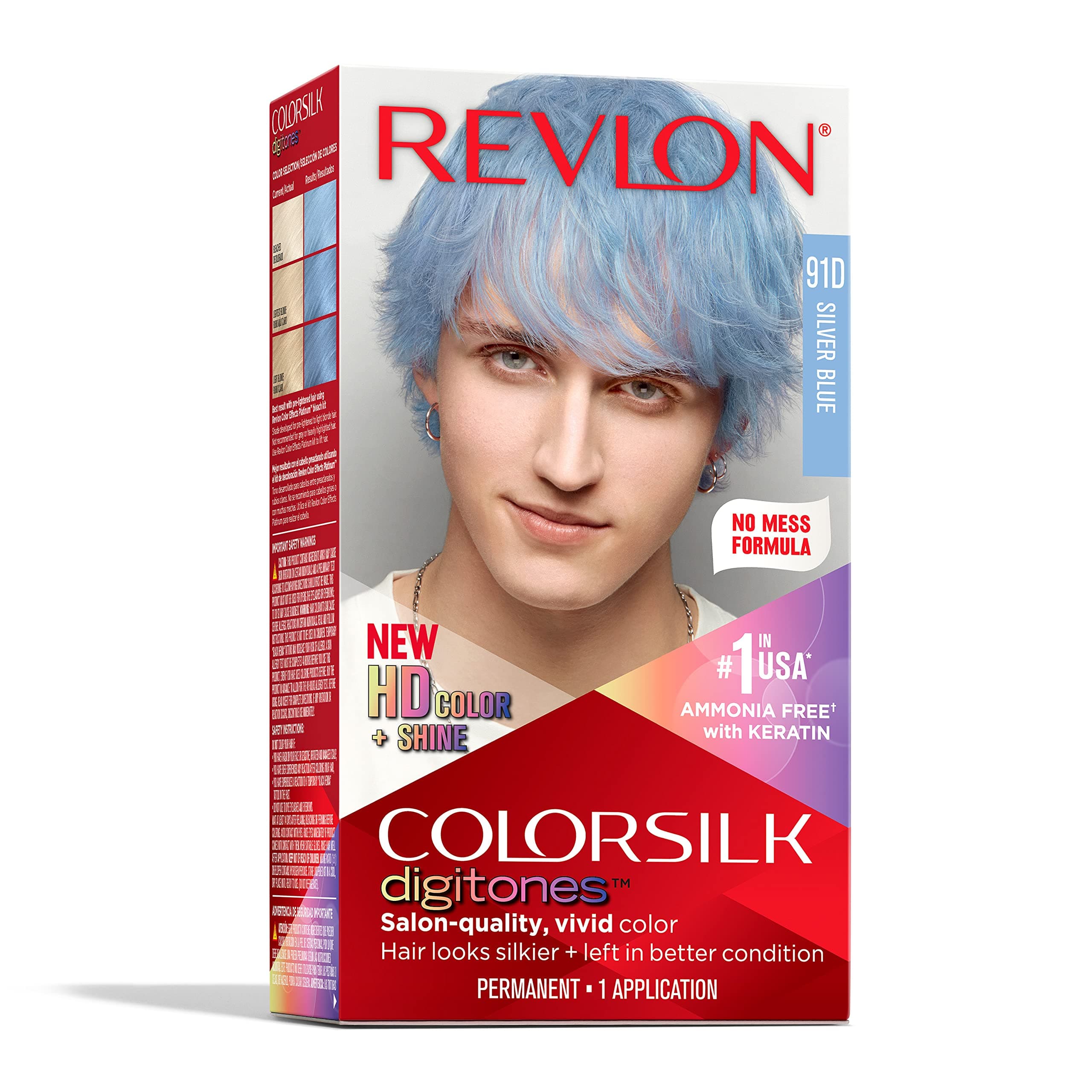 Revlon ColorSilk Digitones Permanent Hair Color with Keratin, 91D Silver Blue, 1 Count