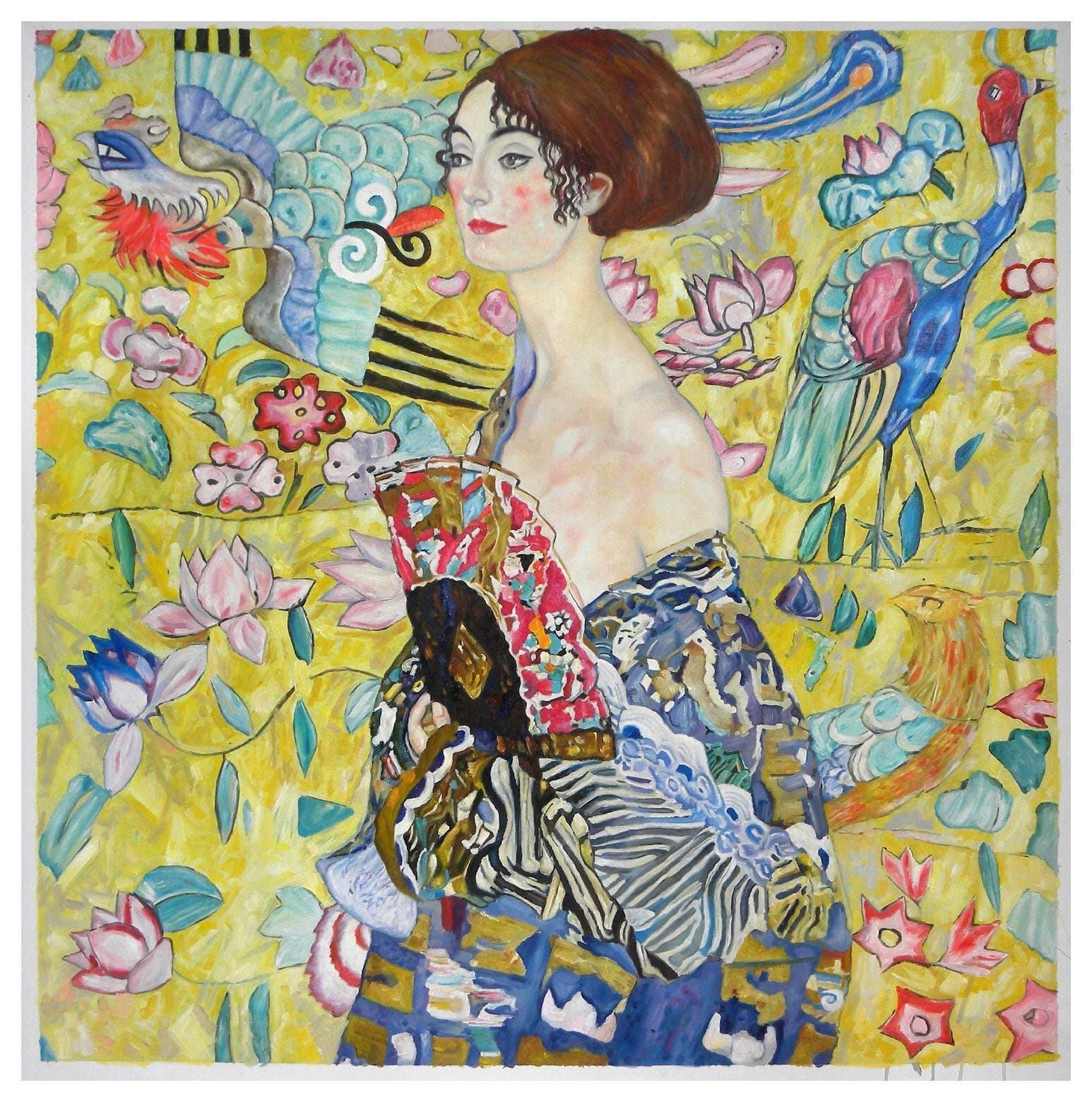 Lady with Fan - Gustav Klimt high quality hand-painted oil painting,woman in kimono imprinted with motives of Chinese dragon dress,asiatic ornaments art