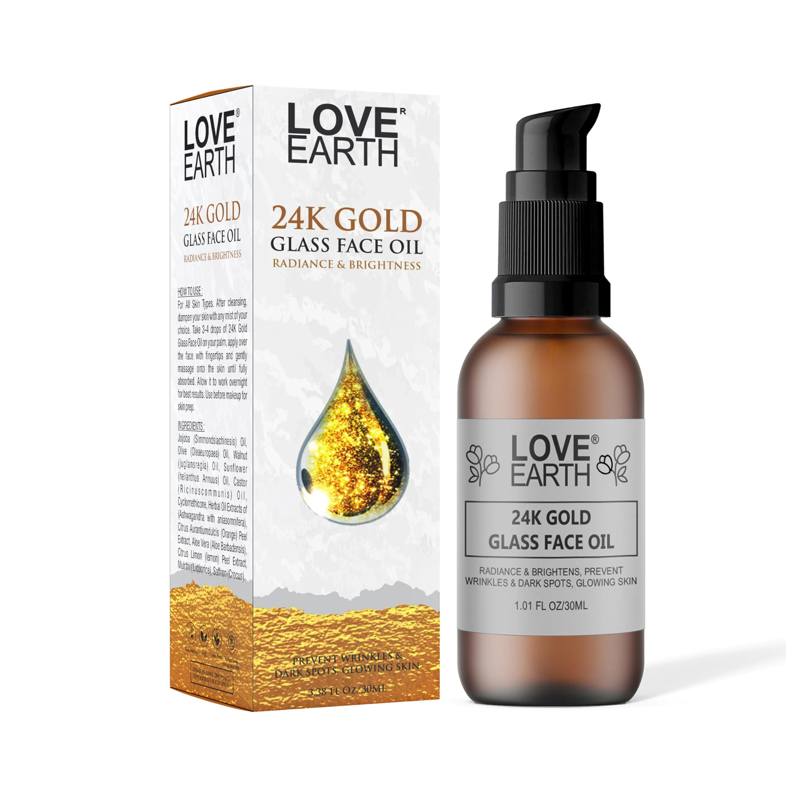 LoveEarth 24K Gold Glass Face Oil – Radiance-Boosting Formula with Pure Essential Oils & Real 24K Gold Flakes | Hydrating, Anti-Aging & Paraben-Free Skincare | 30ml